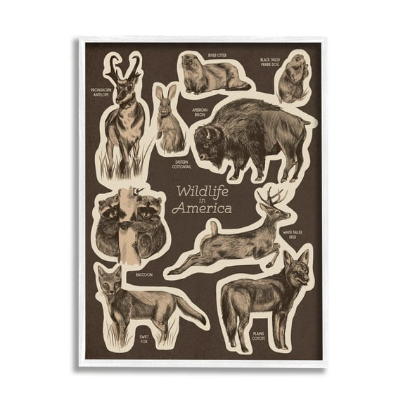 Stupell Industries Wildlife Of America Mixed Animals Chart Brown Background Framed Wall Art, 24 x 30, Design by Lil' Rue
