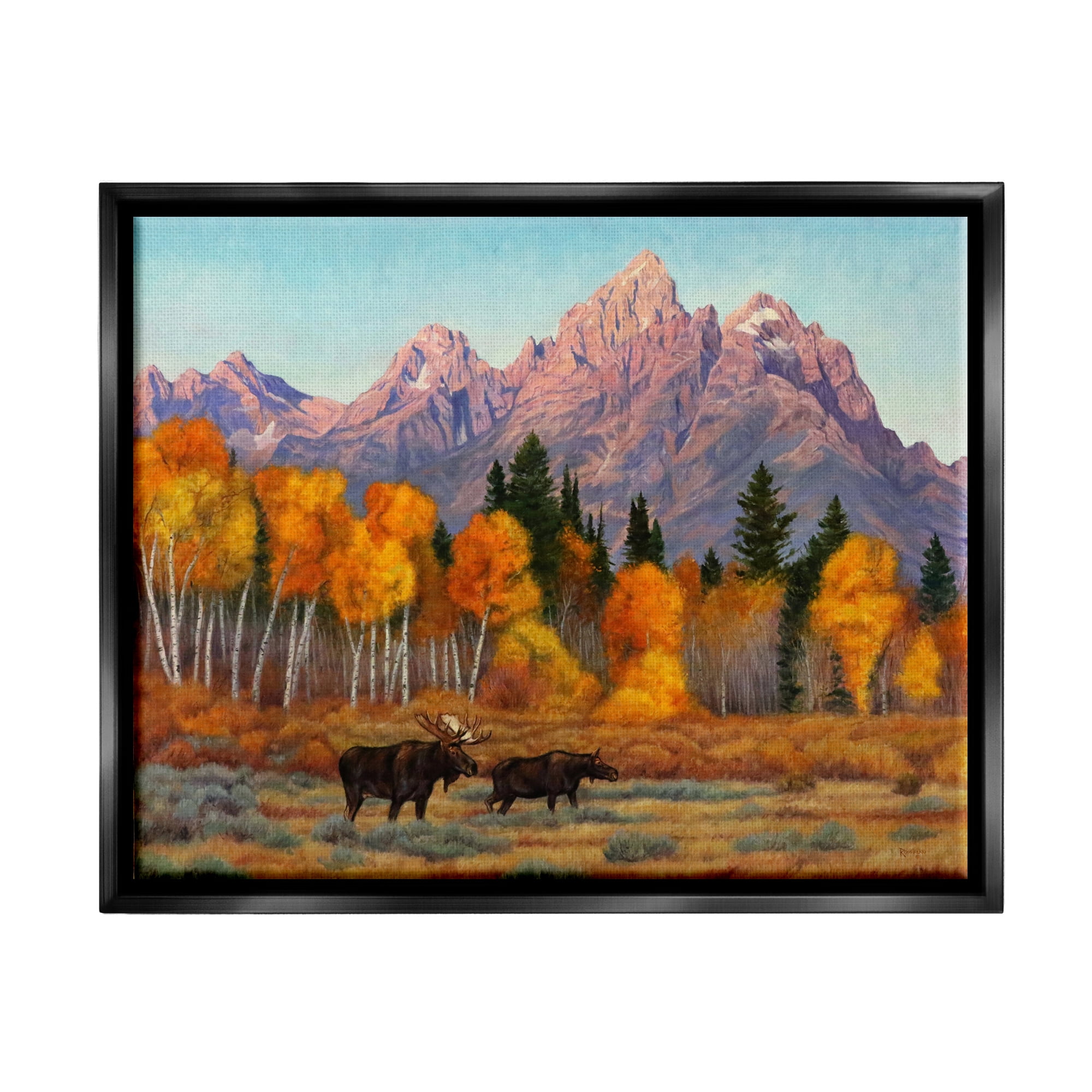 Stupell Industries Wildlife with Autumn Scenery Landscape Painting Black Floater Framed Canvas Art Print Wall Art, 31 x 25