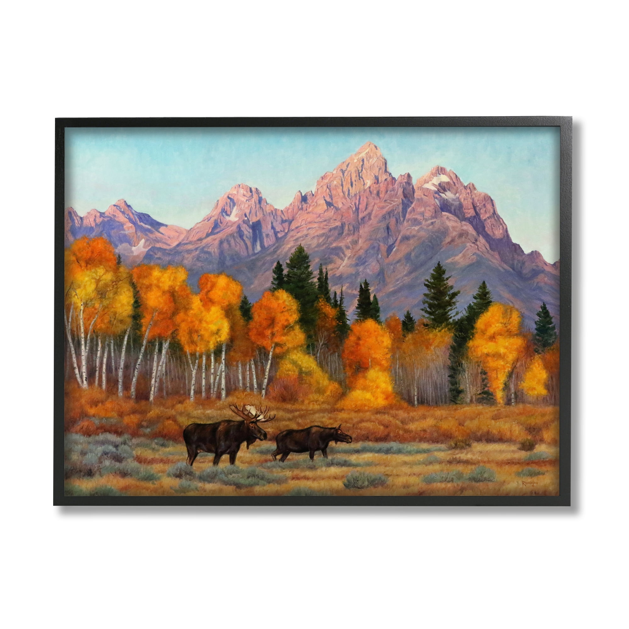 Stupell Industries Wildlife with Autumn Scenery Landscape Painting Black Framed Art Print Wall Art, 30 x 24