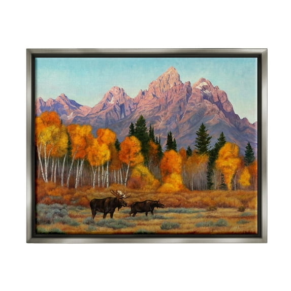 Stupell Industries Wildlife with Autumn Scenery Landscape Painting Gray Floater Framed Canvas Art Print Wall Art, 21 x 17