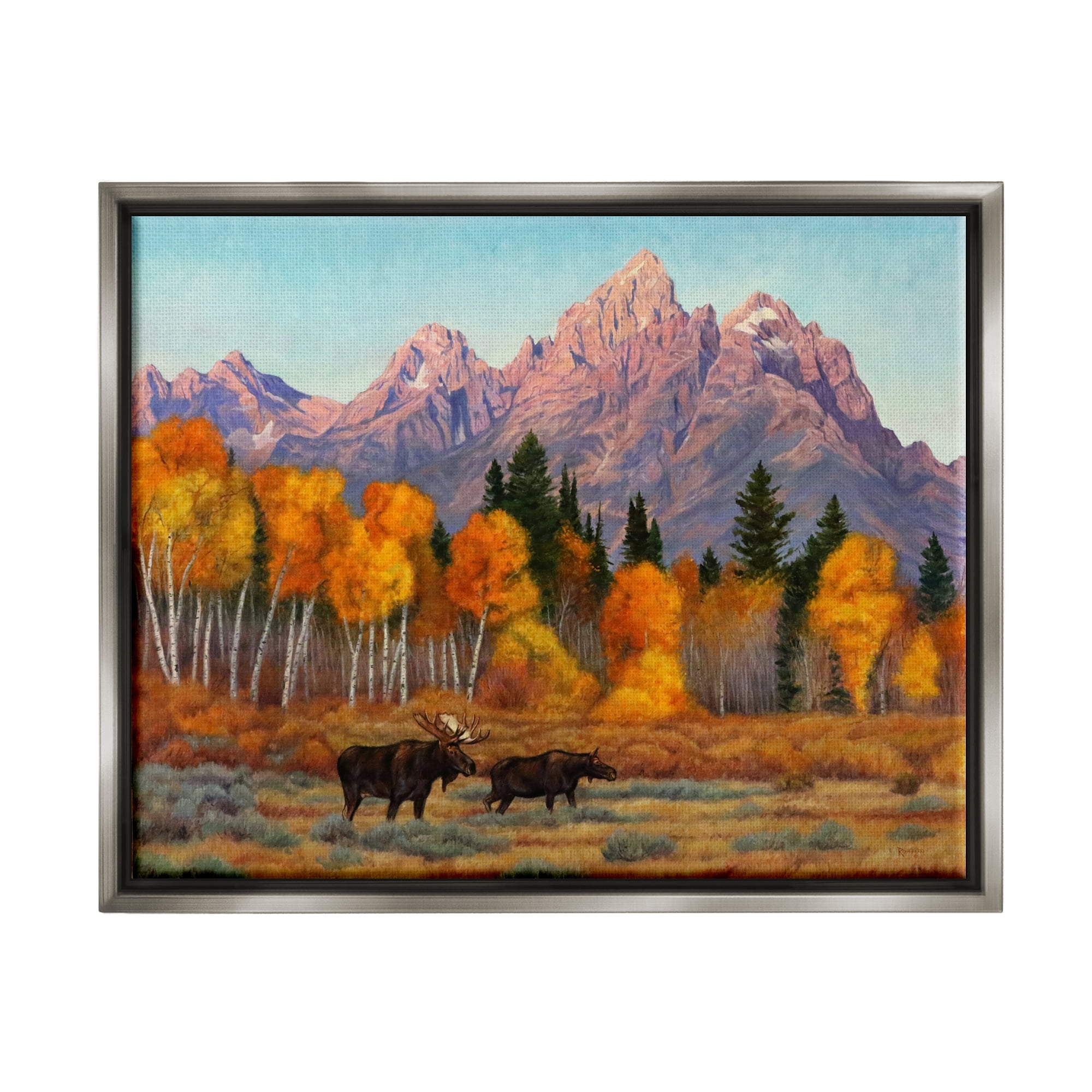 Stupell Industries Wildlife with Autumn Scenery Landscape Painting Gray Floater Framed Canvas Art Print Wall Art, 31 x 25