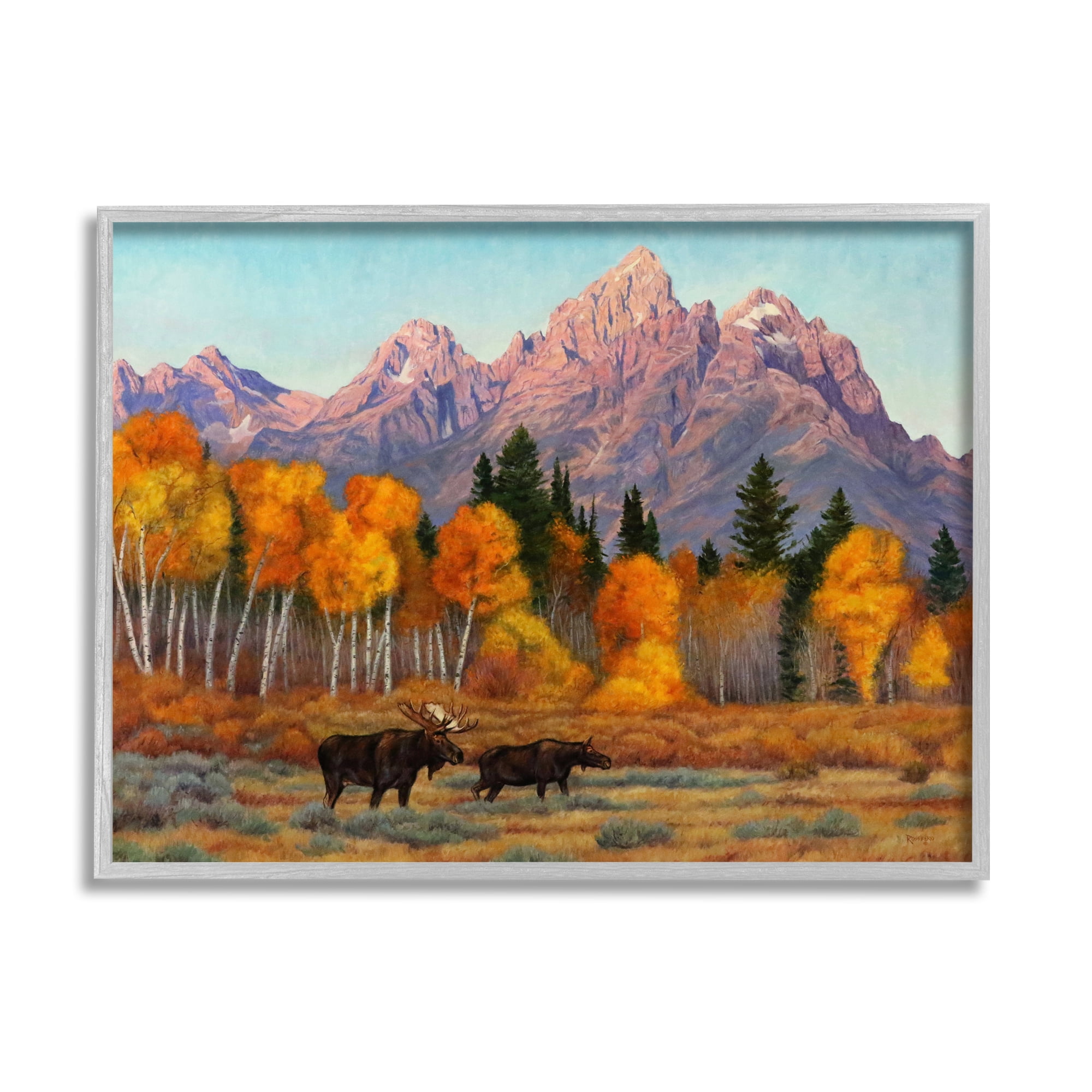 Stupell Industries Wildlife with Autumn Scenery Landscape Painting Gray Framed Art Print Wall Art, 14 x 11