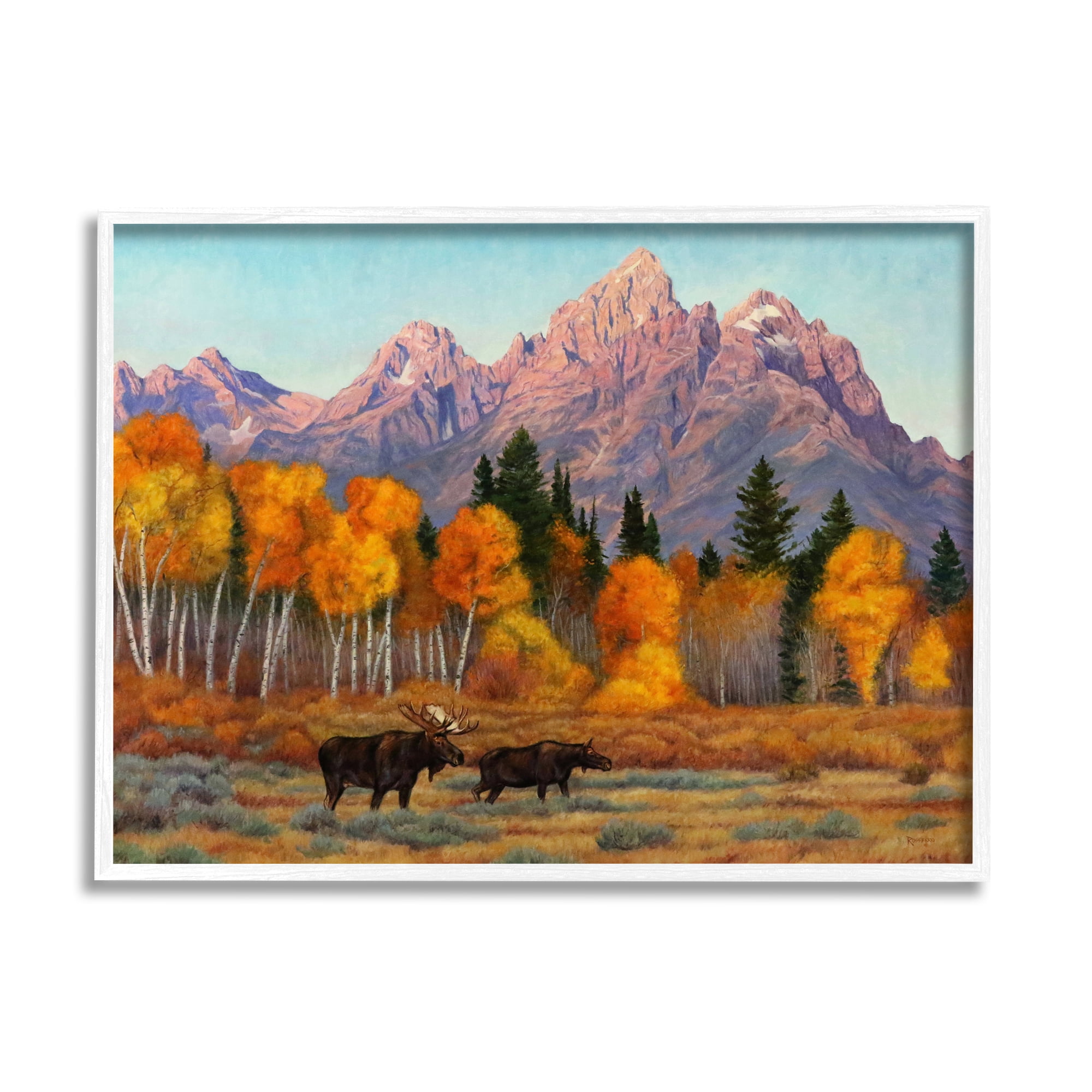 Stupell Industries Wildlife with Autumn Scenery Landscape Painting White Framed Art Print Wall Art, 20 x 16
