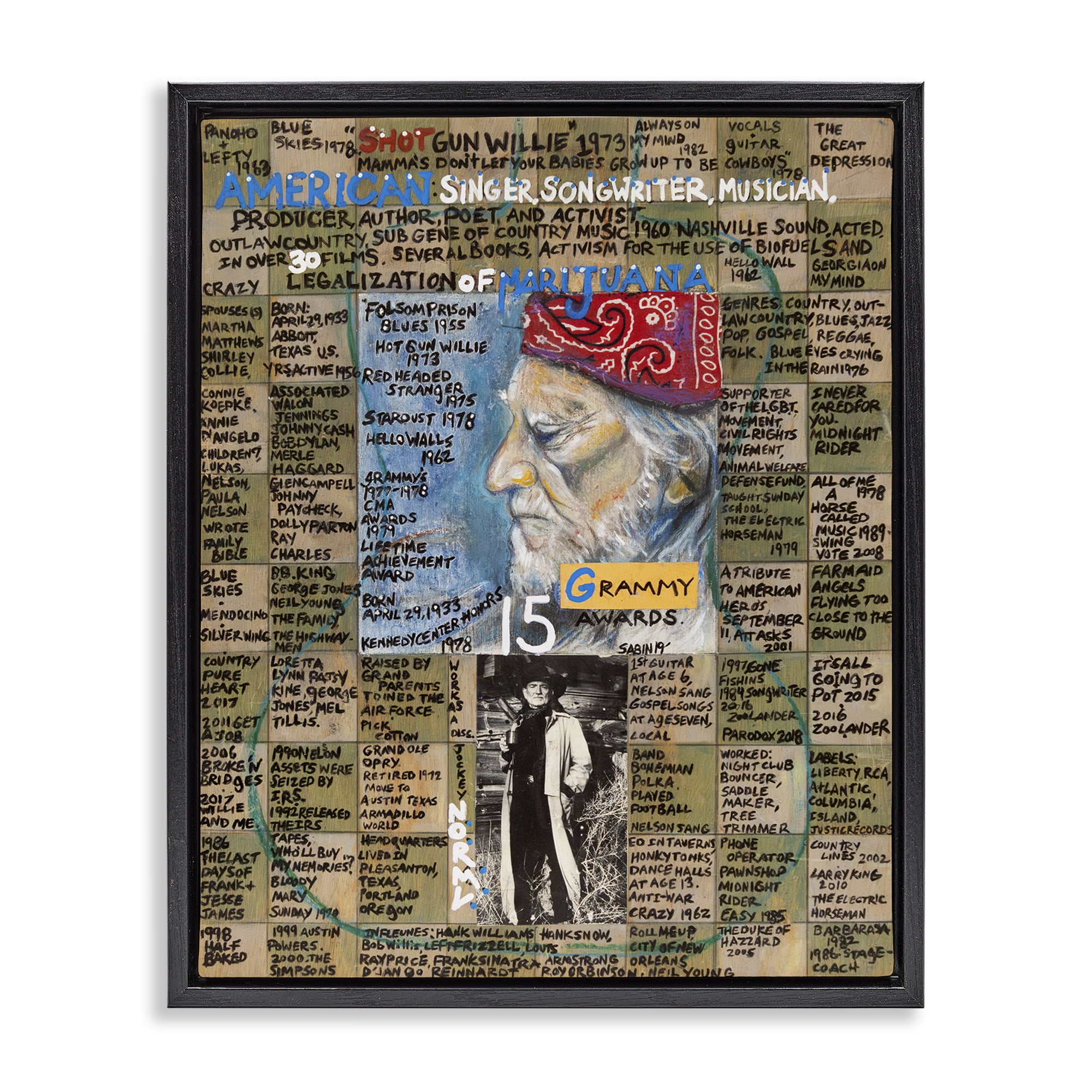 Stupell Industries Willie Nelson Collage People Drawing Black Floater Framed Canvas Art Print Wall Art, 25 x 31