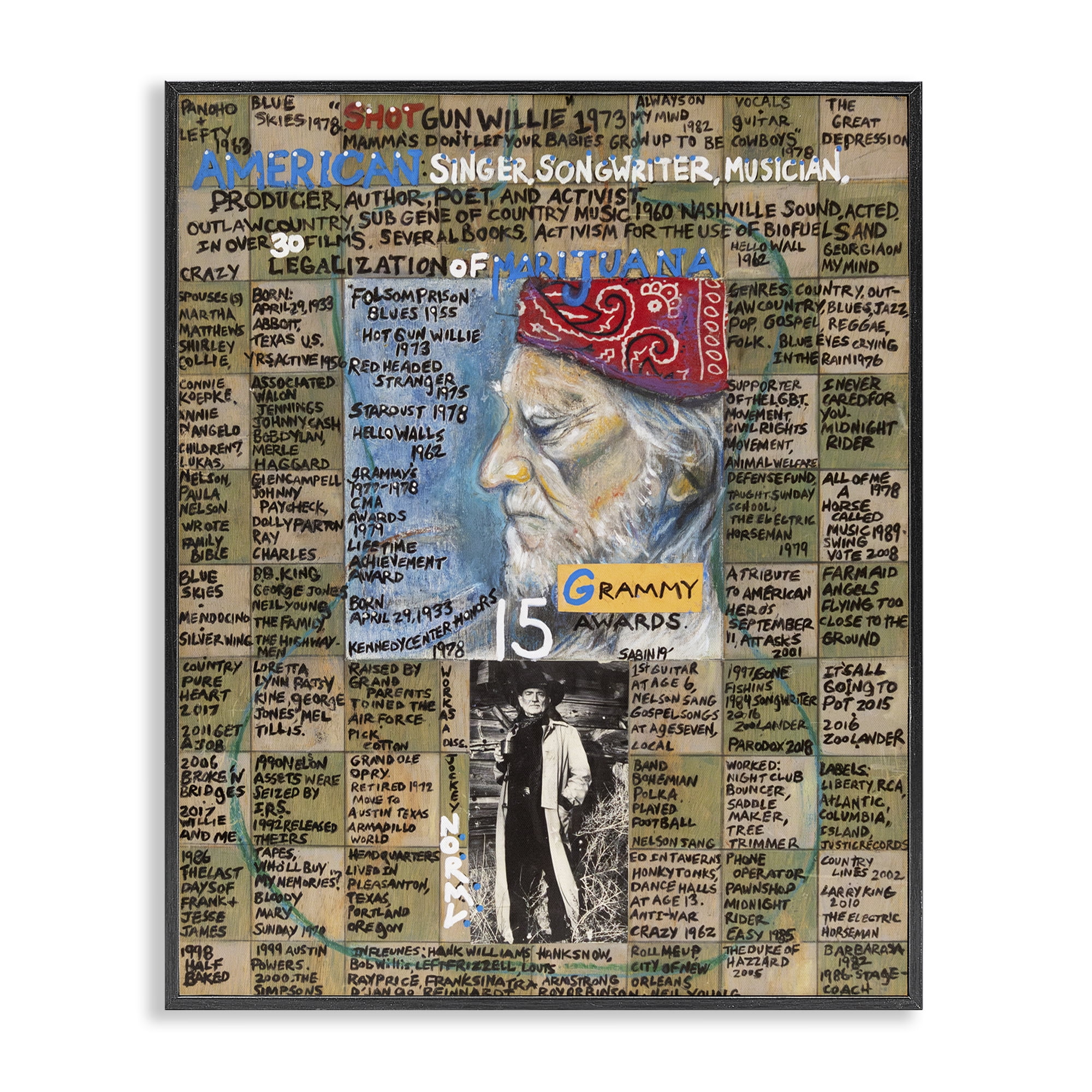 Stupell Industries Willie Nelson Collage People Drawing Black Framed Art Print Wall Art, 16 x 20