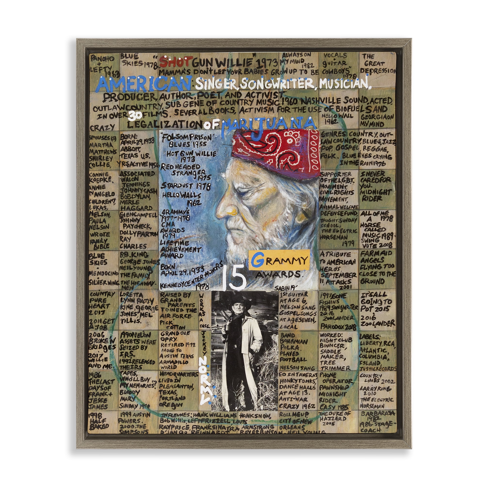 Stupell Industries Willie Nelson Collage People Drawing Brown Floater Framed Canvas Art Print Wall Art, 17 x 21