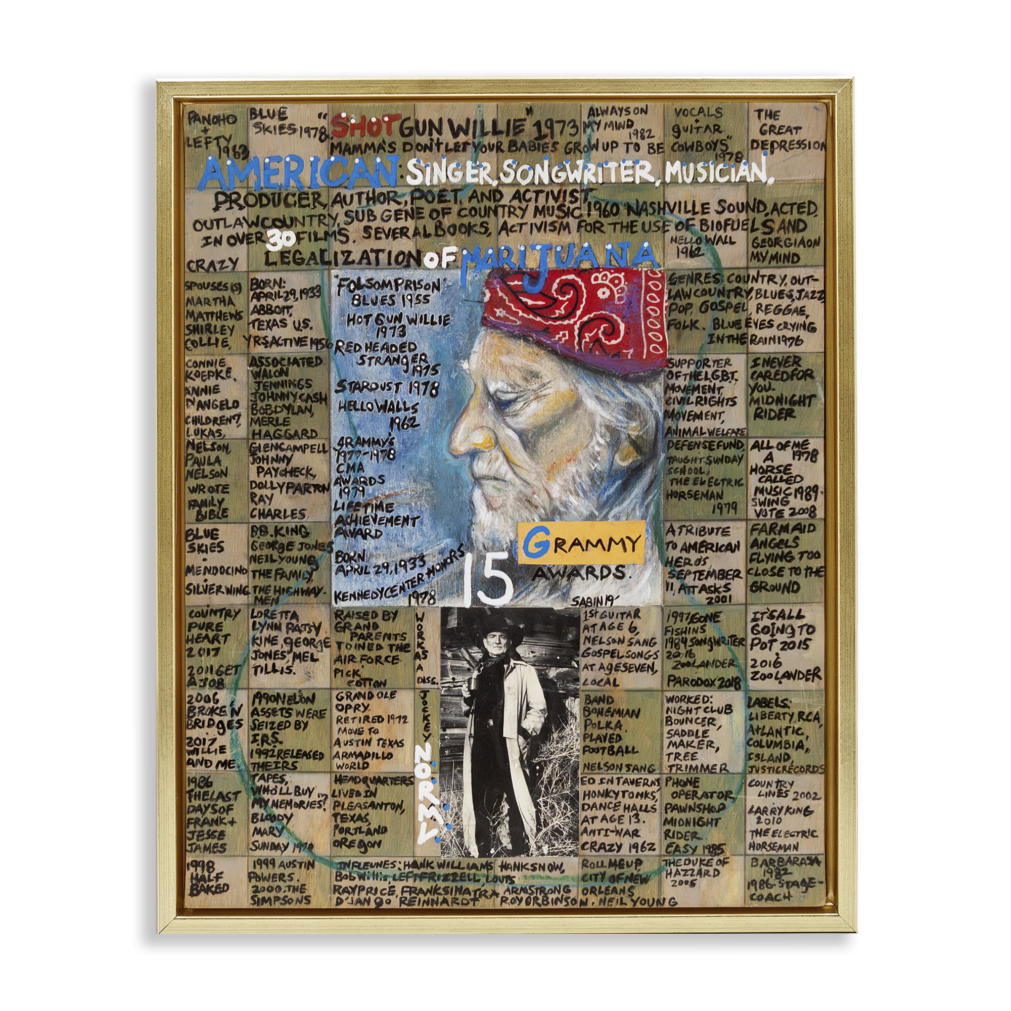 Stupell Industries Willie Nelson Collage People Drawing Gold Floater Framed Canvas Art Print Wall Art, 25 x 31
