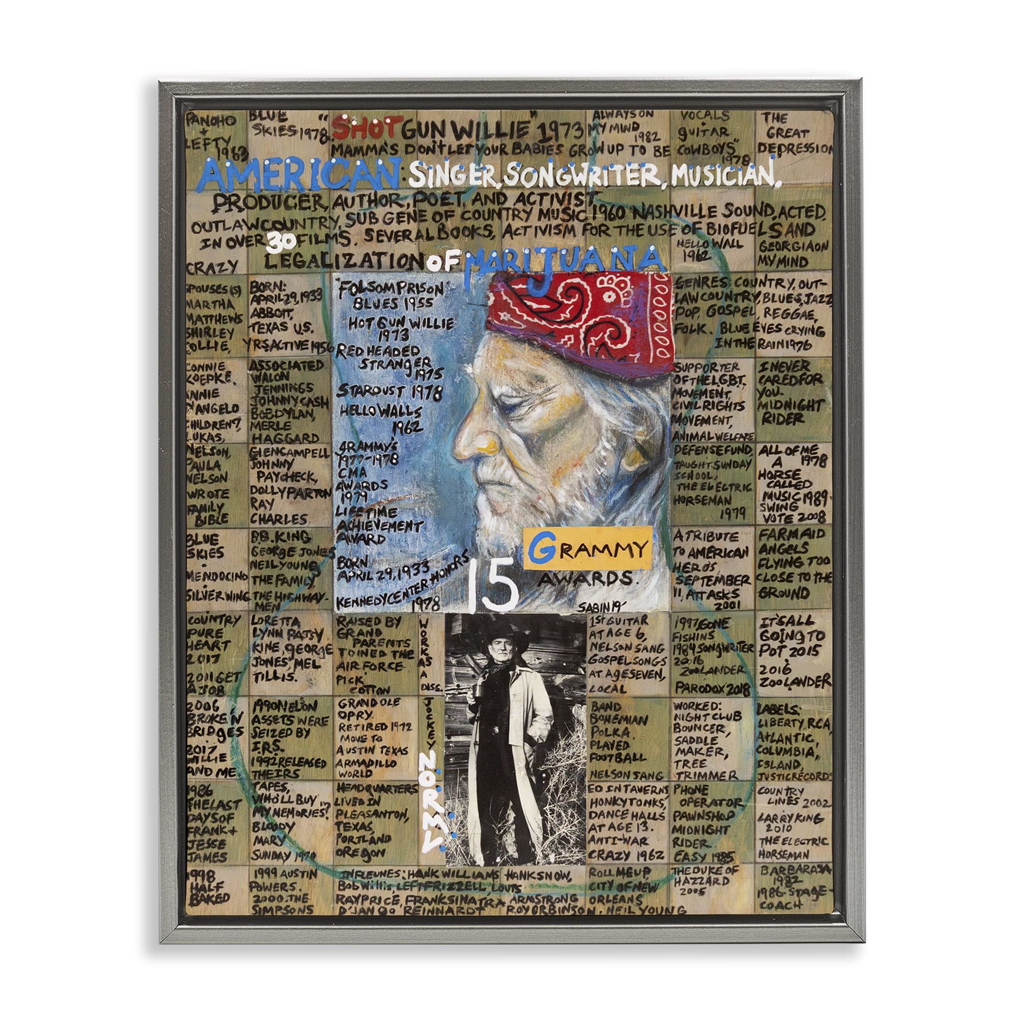 Stupell Industries Willie Nelson Collage People Drawing Gray Floater Framed Canvas Art Print Wall Art, 17 x 21