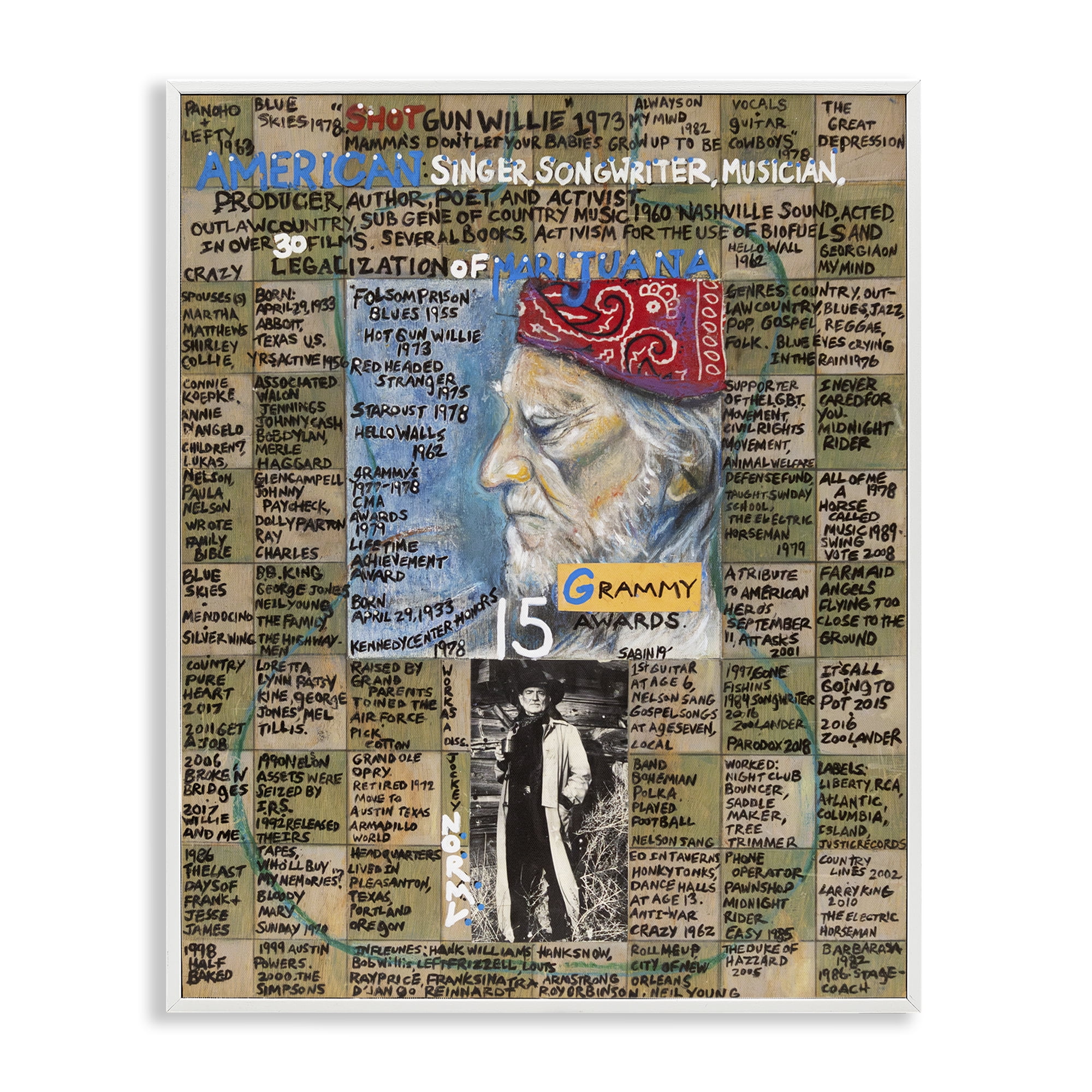 Stupell Industries Willie Nelson Collage People Drawing White Framed Art Print Wall Art, 16 x 20
