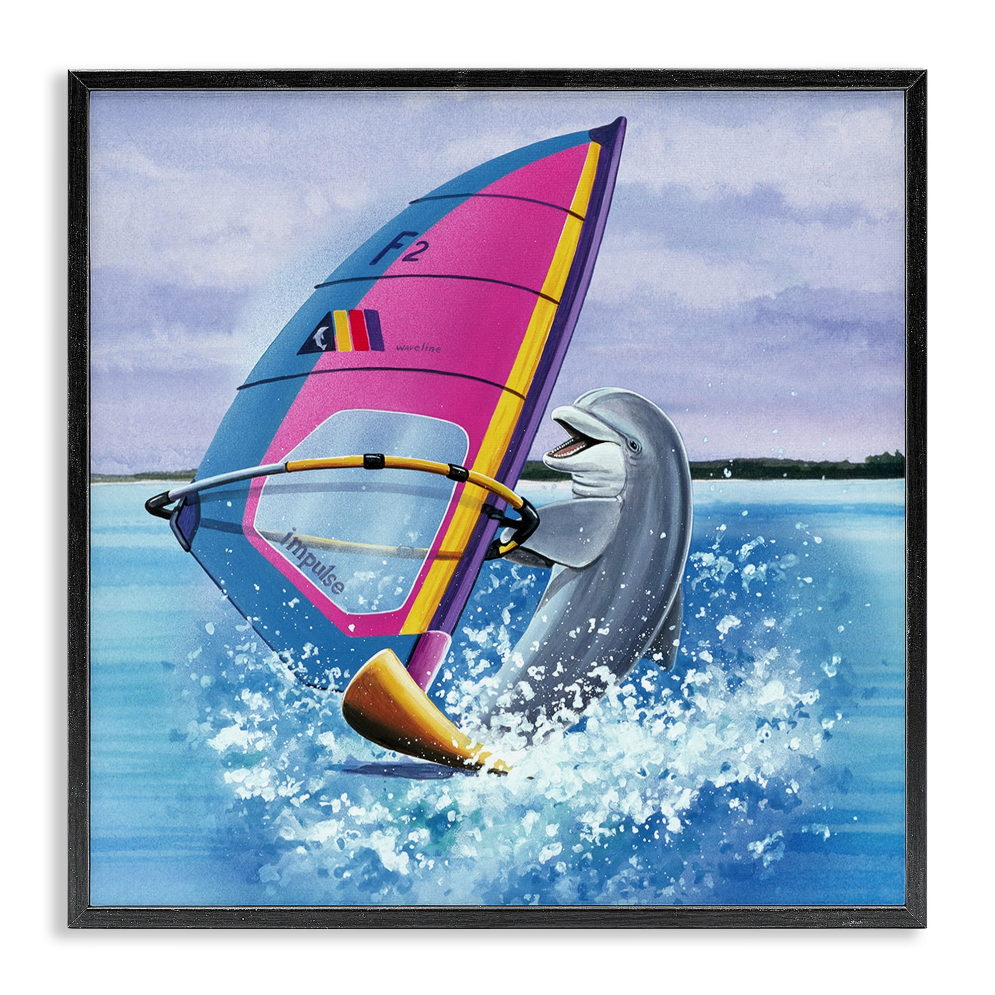 Stupell Industries Wind Surfer Dolphin Animals Painting Black Framed Art Print Wall Art, 17 x 17