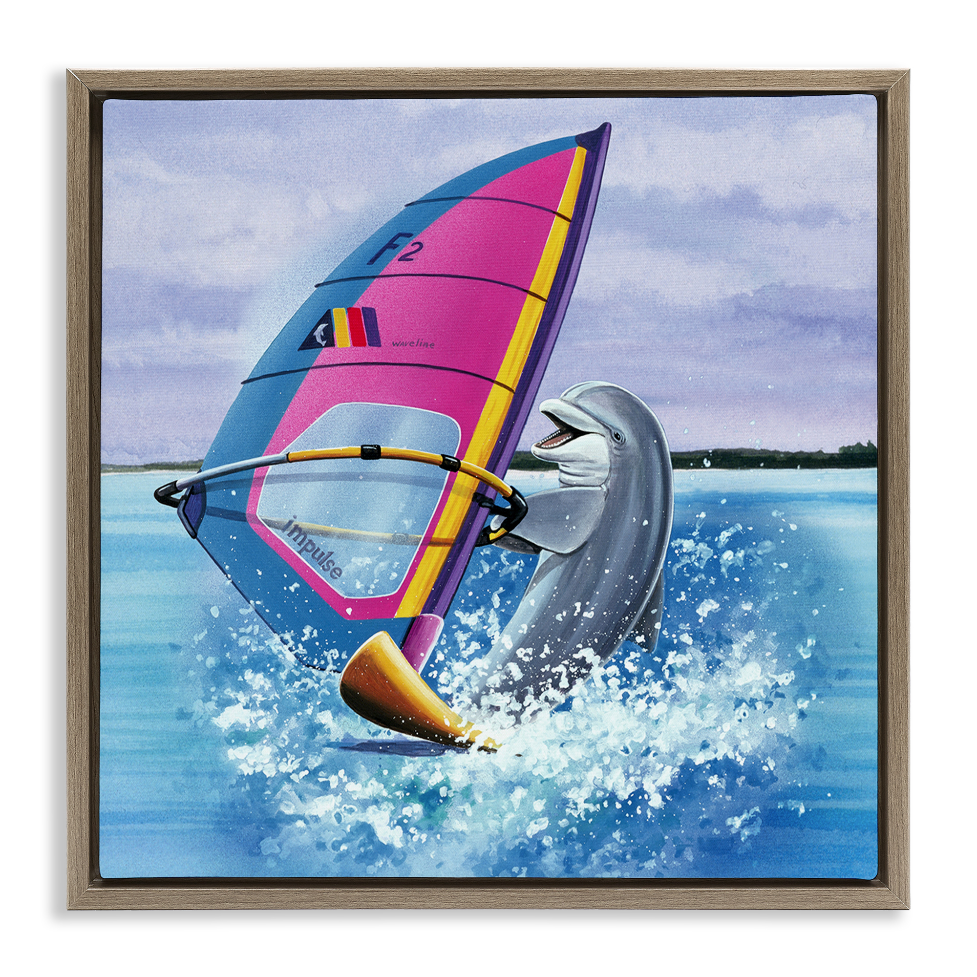 Stupell Industries Wind Surfer Dolphin Animals Painting Brown Floater Framed Canvas Art Print Wall Art, 25 x 25