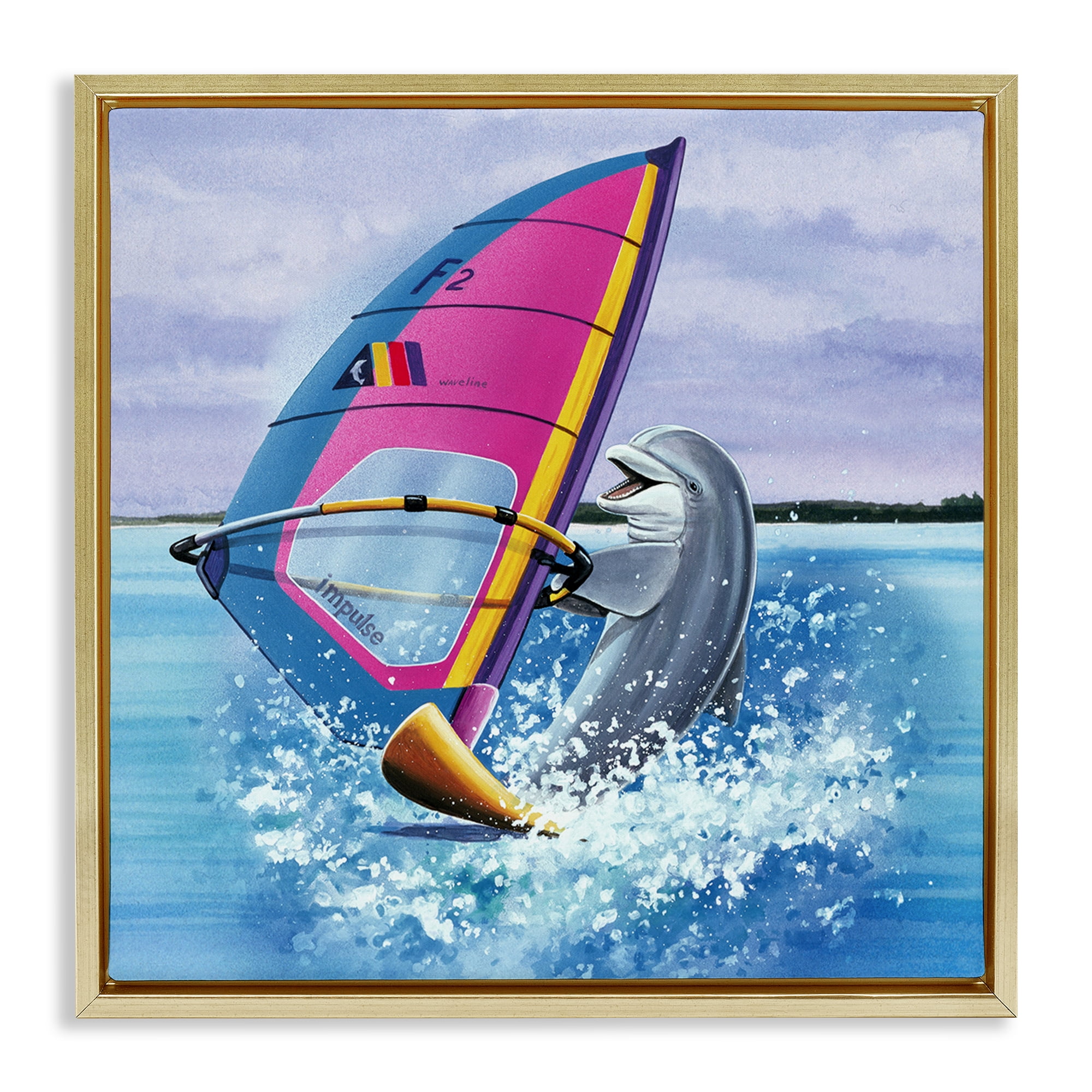 Stupell Industries Wind Surfer Dolphin Animals Painting Gold Floater Framed Canvas Art Print Wall Art, 18 x 18