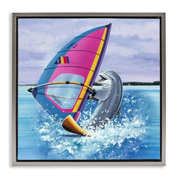 Stupell Industries Wind Surfer Dolphin Animals Painting Gray Floater Framed Canvas Art Print Wall Art, 18 x 18