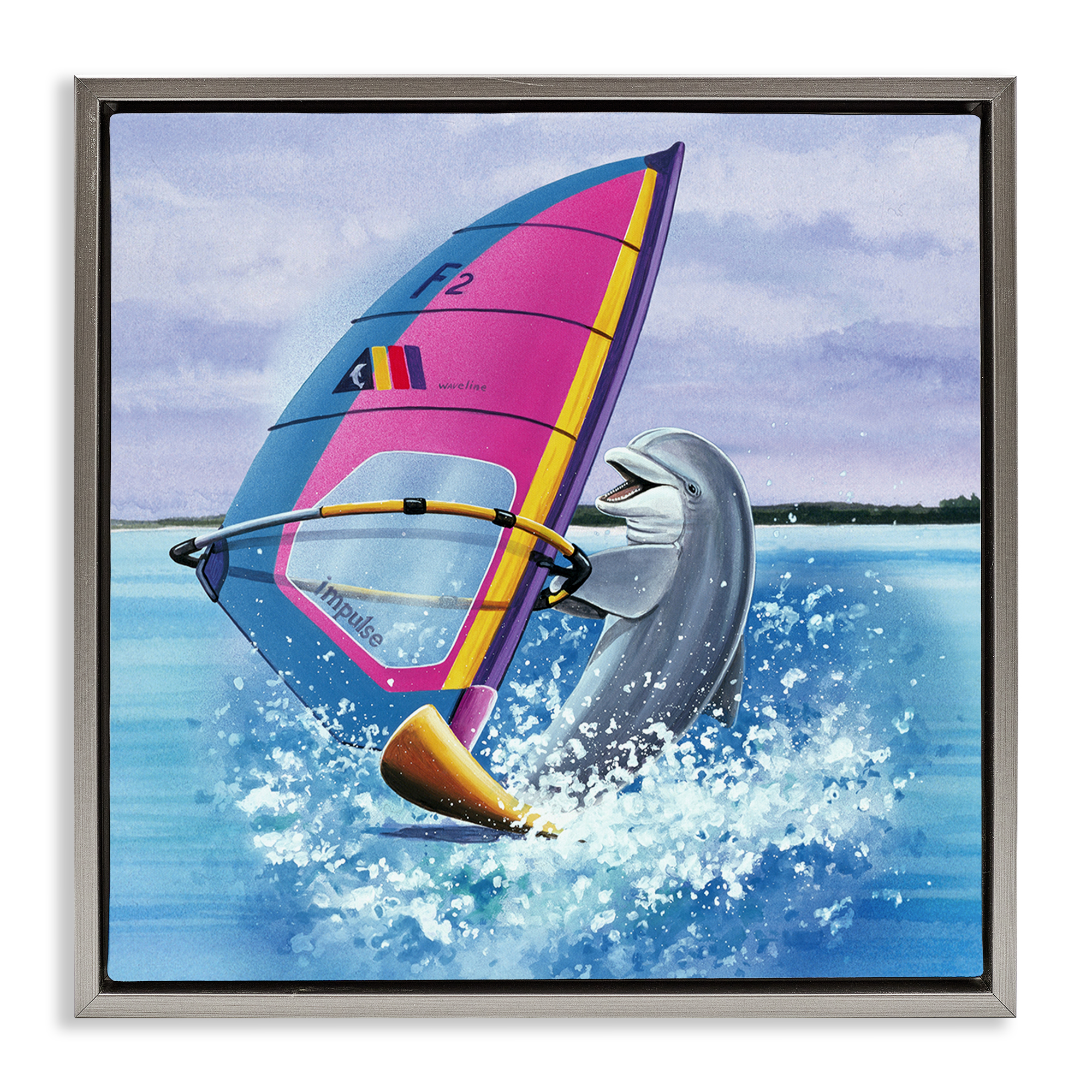 Stupell Industries Wind Surfer Dolphin Animals Painting Gray Floater Framed Canvas Art Print Wall Art, 25 x 25