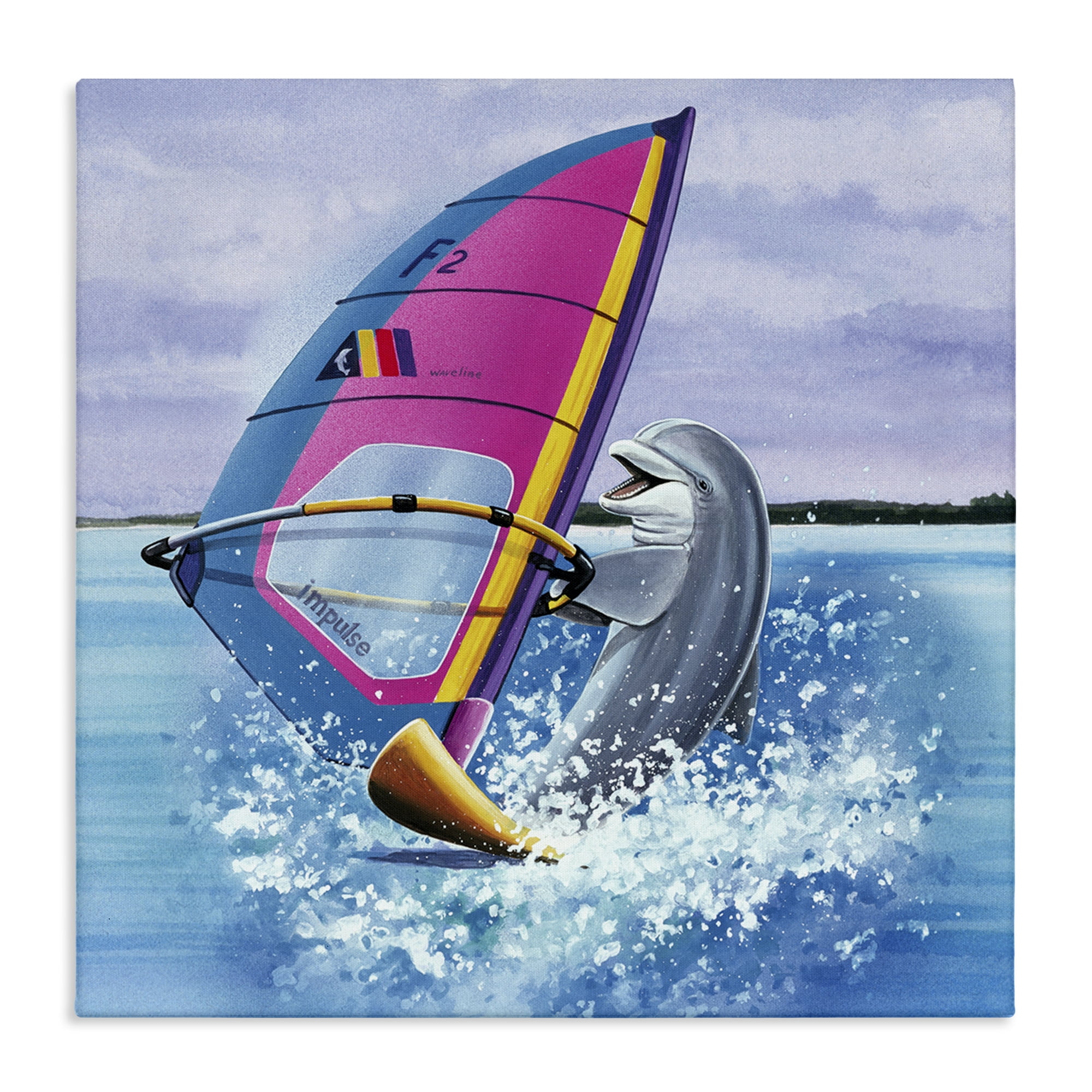 Stupell Industries Wind Surfer Dolphin Animals Painting Wrapped Canvas Art Print Wall Art, 24 x 24