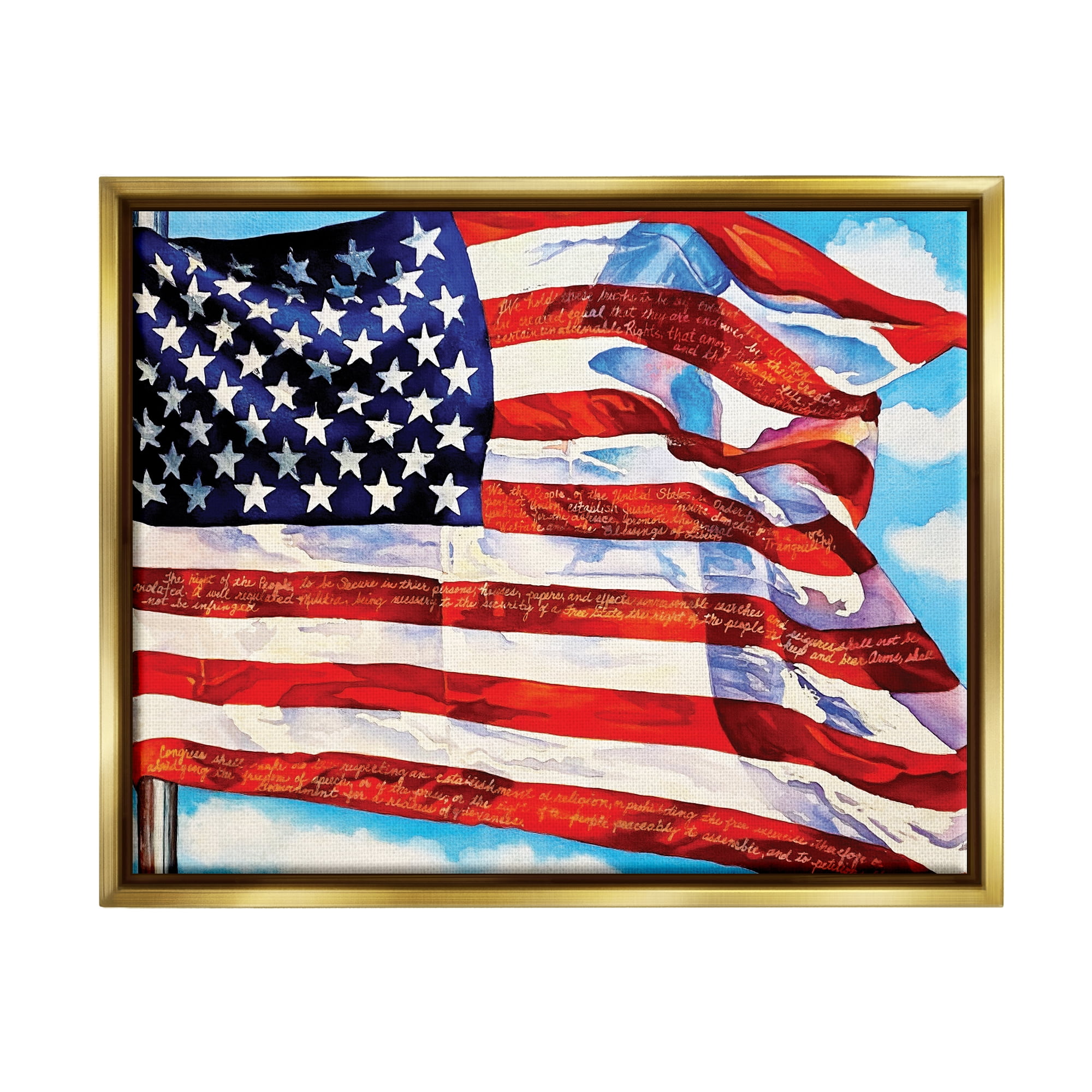 Stupell Industries Windblown American Flag Inspirational Painting Gold Floater Framed Art Print Wall Art, 31 x 25