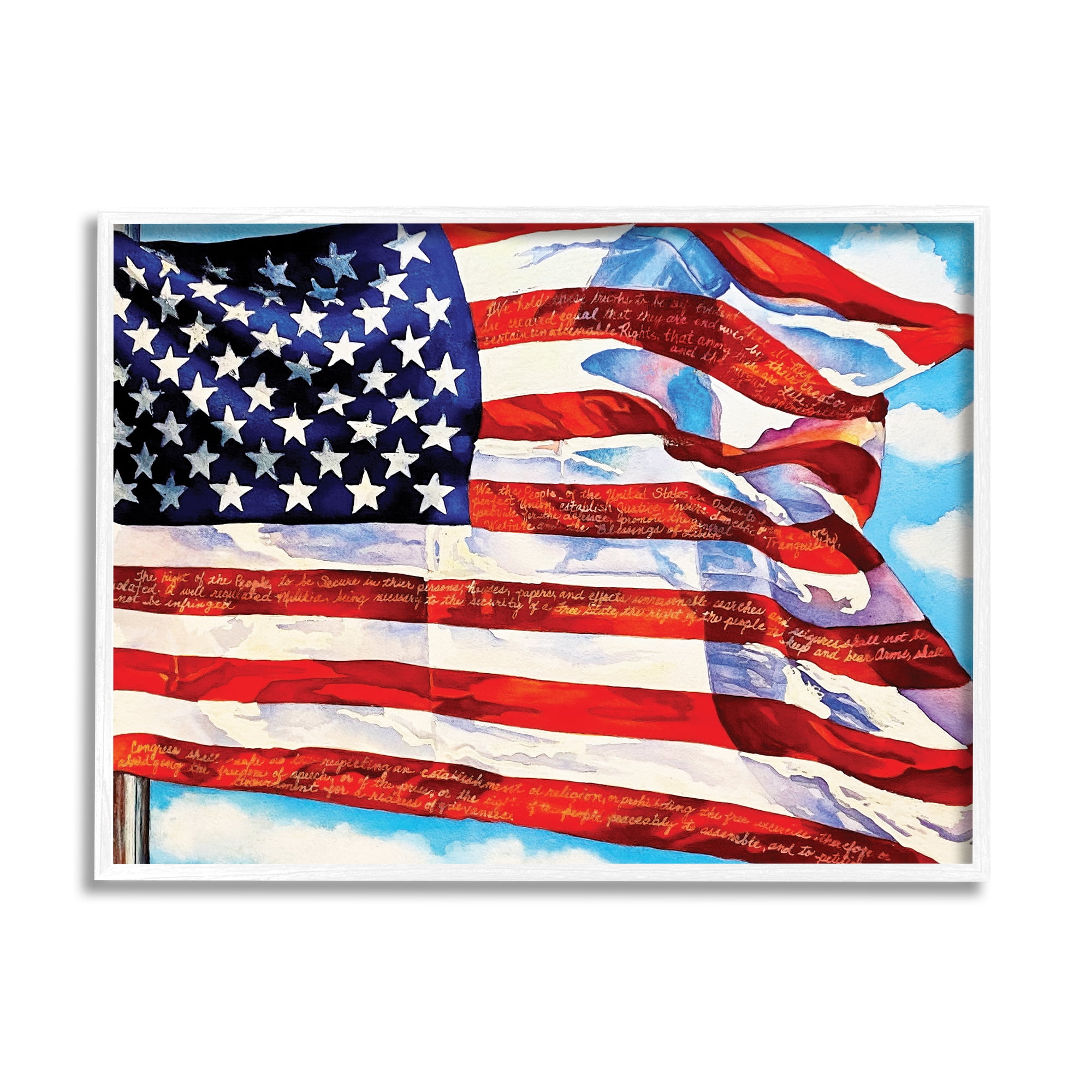 Stupell Industries Windblown American Flag Inspirational Painting White Framed Art Print Wall Art, 30 x 24