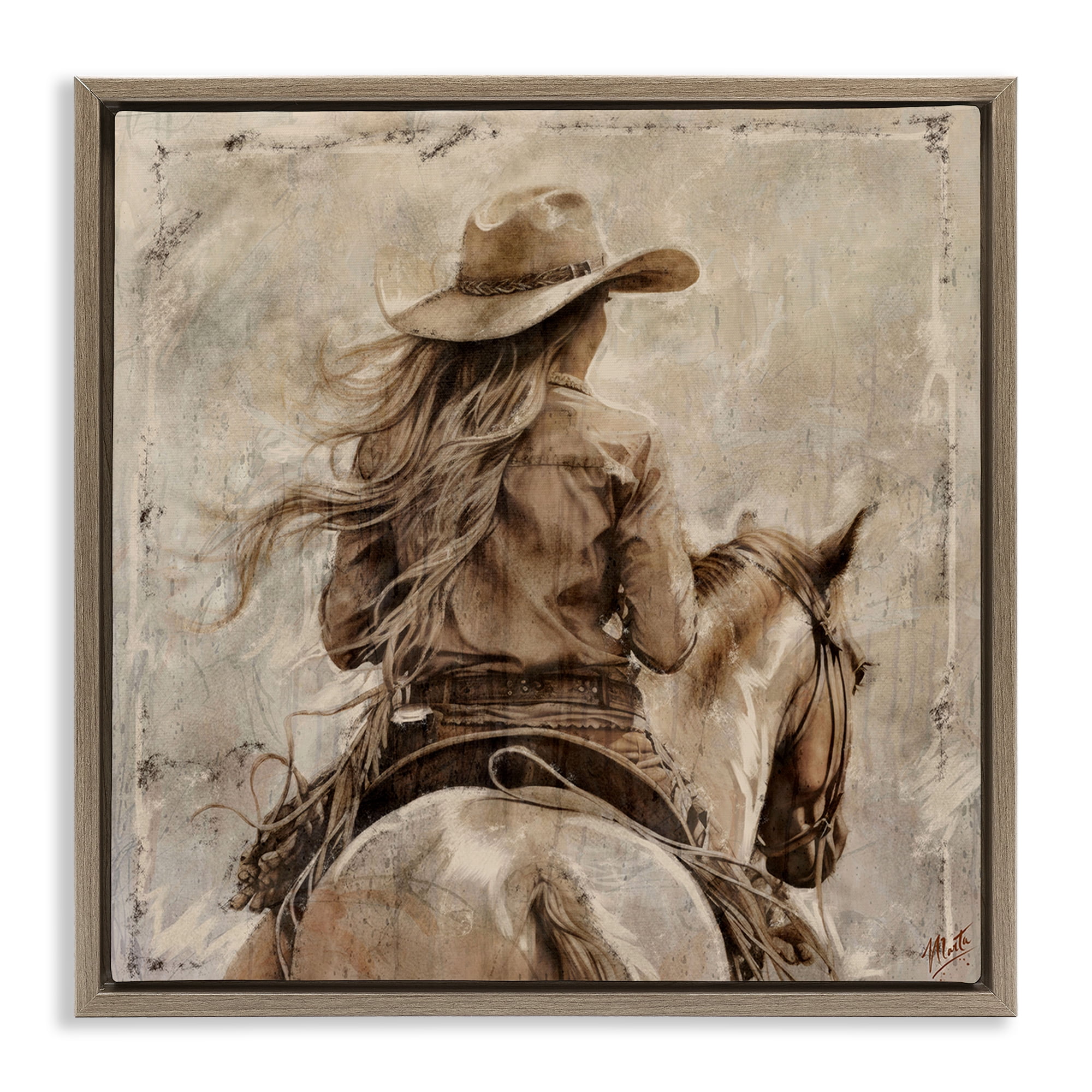 Stupell Industries Windblown Cowgirl on Horseback Brown Framed Floater Canvas Wall Art, design by Marta Wiley