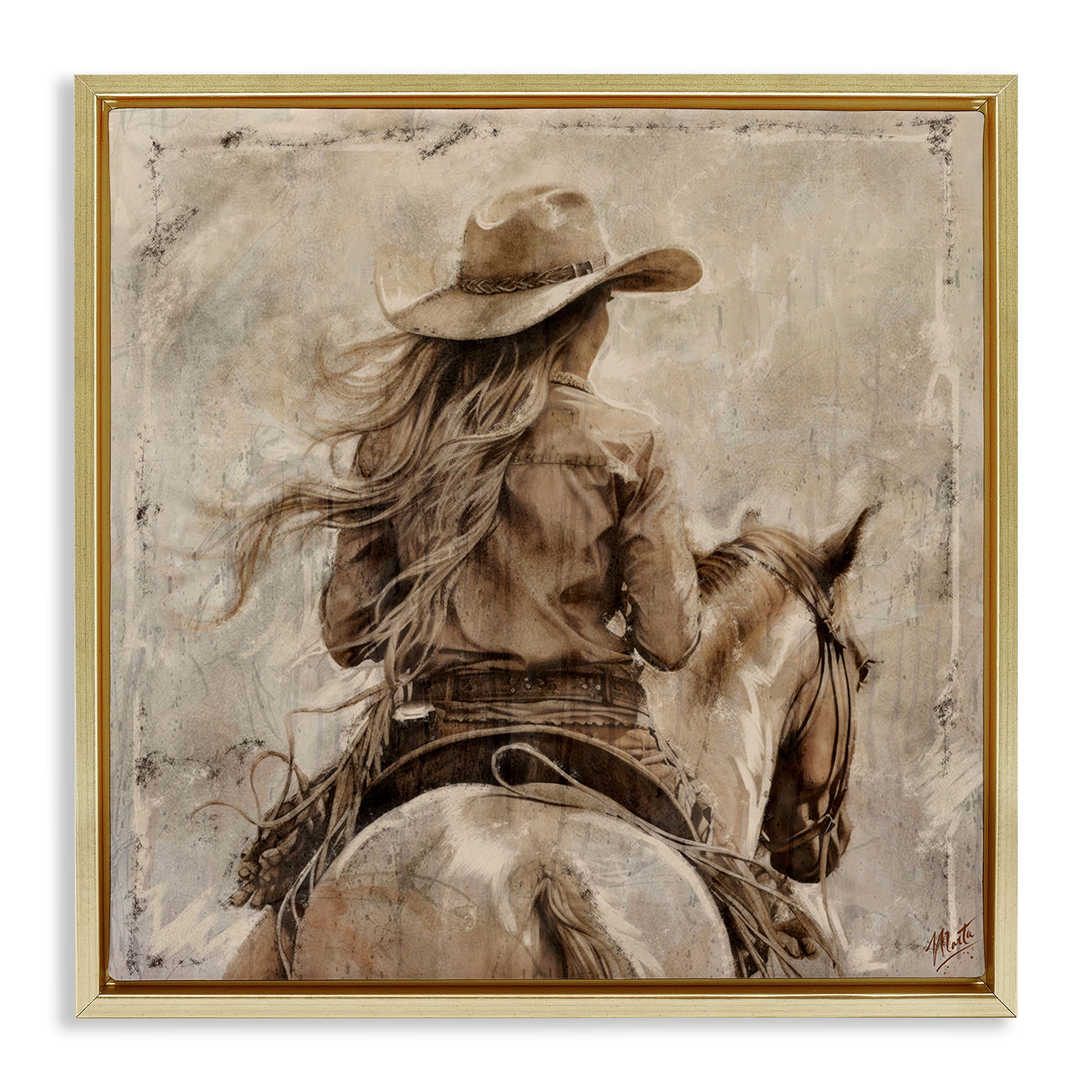 Stupell Industries Windblown Cowgirl on Horseback Gold Framed Floater Canvas Wall Art, design by Marta Wiley