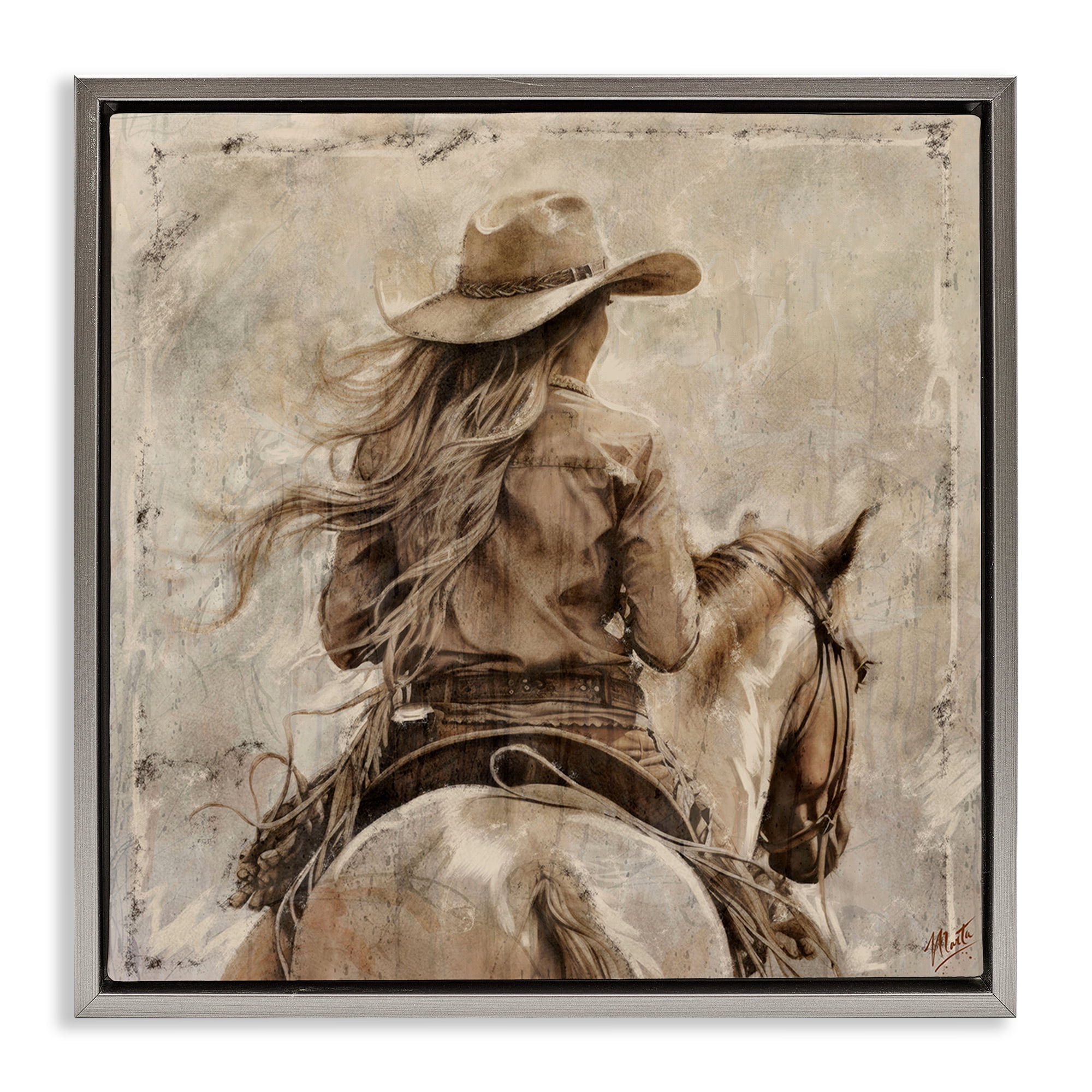 Stupell Industries Windblown Cowgirl on Horseback Gray Framed Floater Canvas Wall Art, design by Marta Wiley