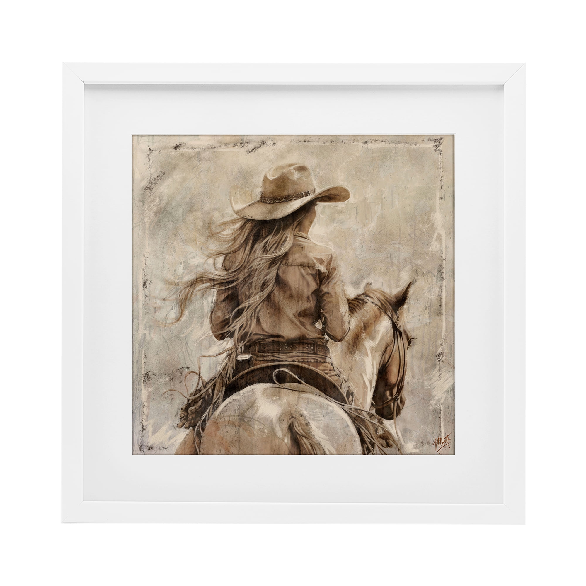 Stupell Industries Windblown Cowgirl on Horseback White Framed Print Under Glass, design by Marta Wiley
