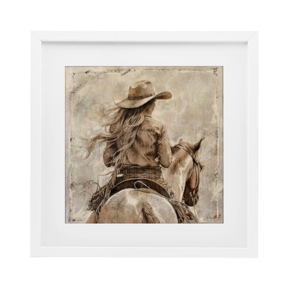 Stupell Industries Modern Windblown Cowgirl on Horseback White Framed Print Under Glass, 16 x 16, by Marta Wiley