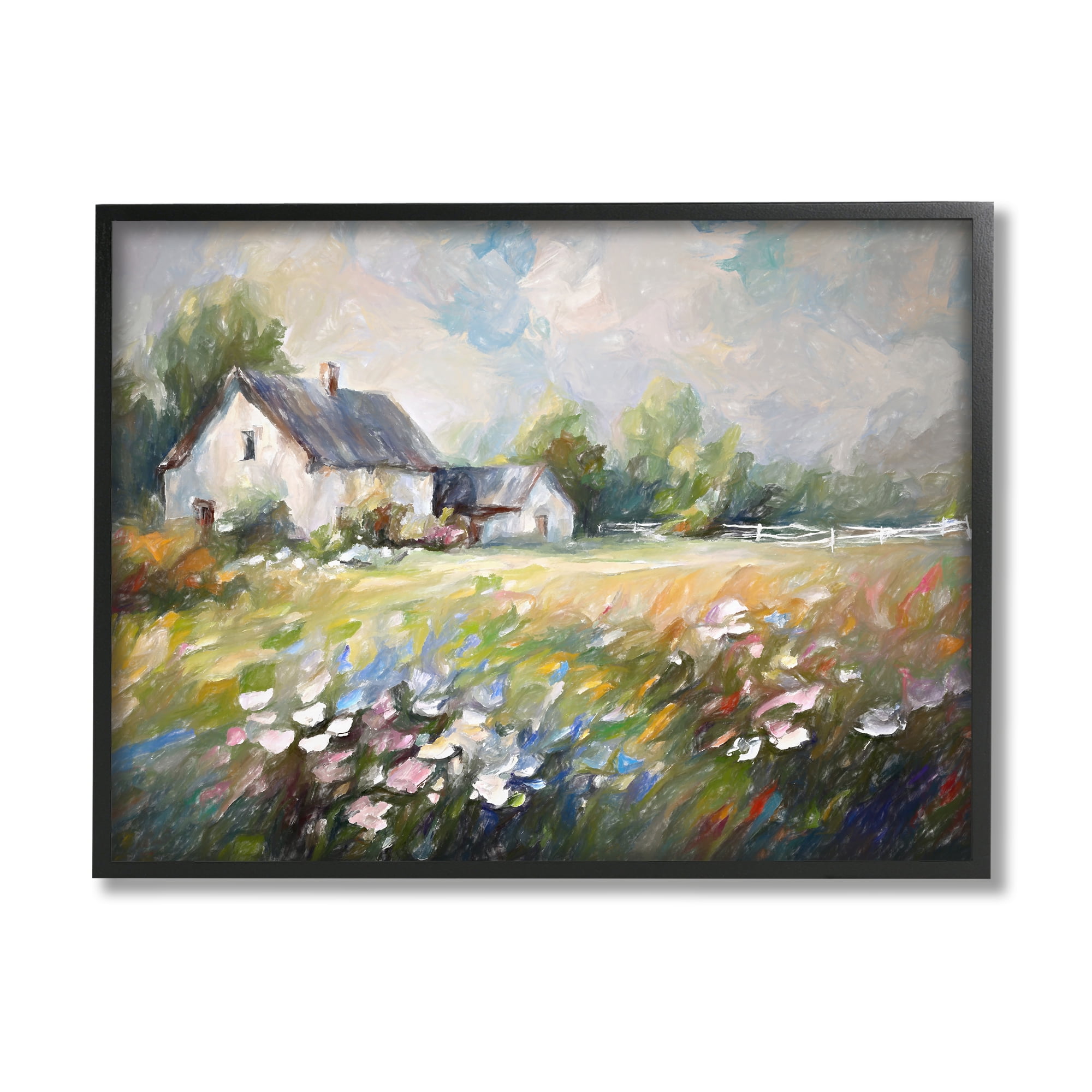 Stupell Industries Windblown Flowers Farmhouse Landscape Painting Black Framed Art Print Wall Art, 30 x 24