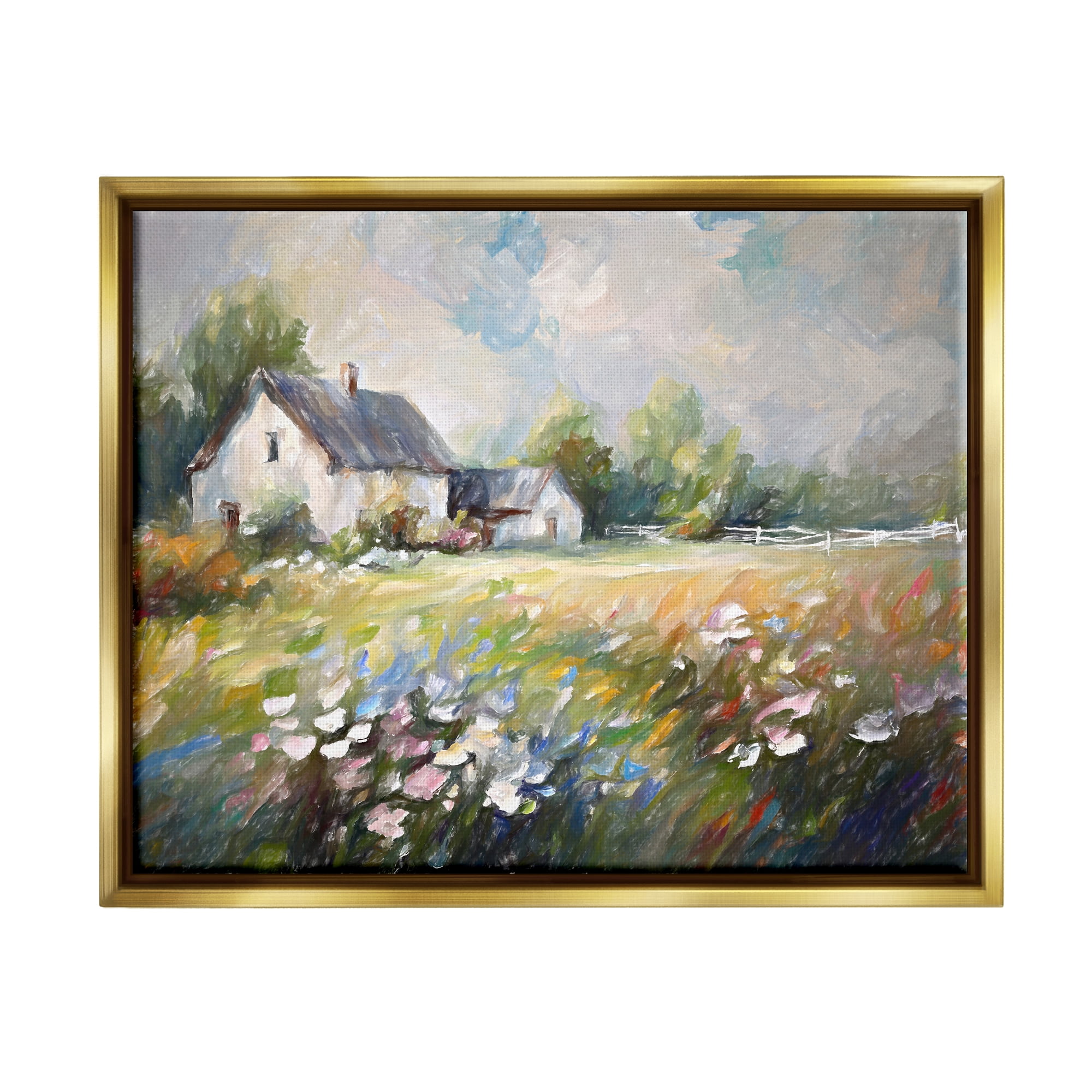 Stupell Industries Windblown Flowers Farmhouse Landscape Painting Gold Floater Framed Canvas Art Print Wall Art, 21 x 17