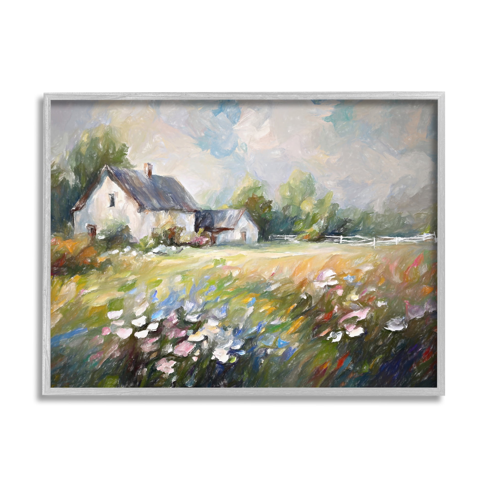 Stupell Industries Windblown Flowers Farmhouse Landscape Painting Gray Framed Art Print Wall Art, 14 x 11