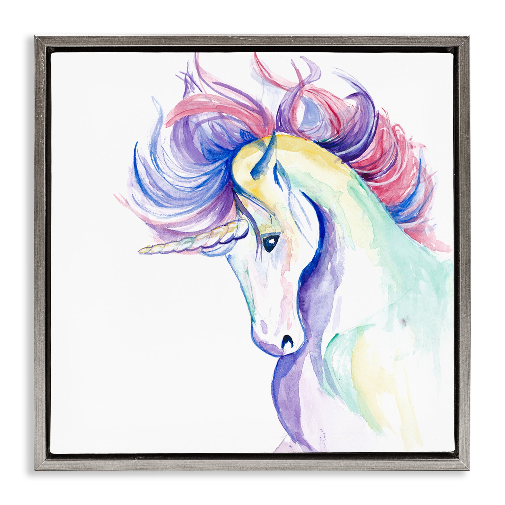 Stupell Industries Windblown Mane Unicorn Fantasy & Sci-Fi Painting Gray Floater Framed Canvas Art Print Wall Art, 25 x 25