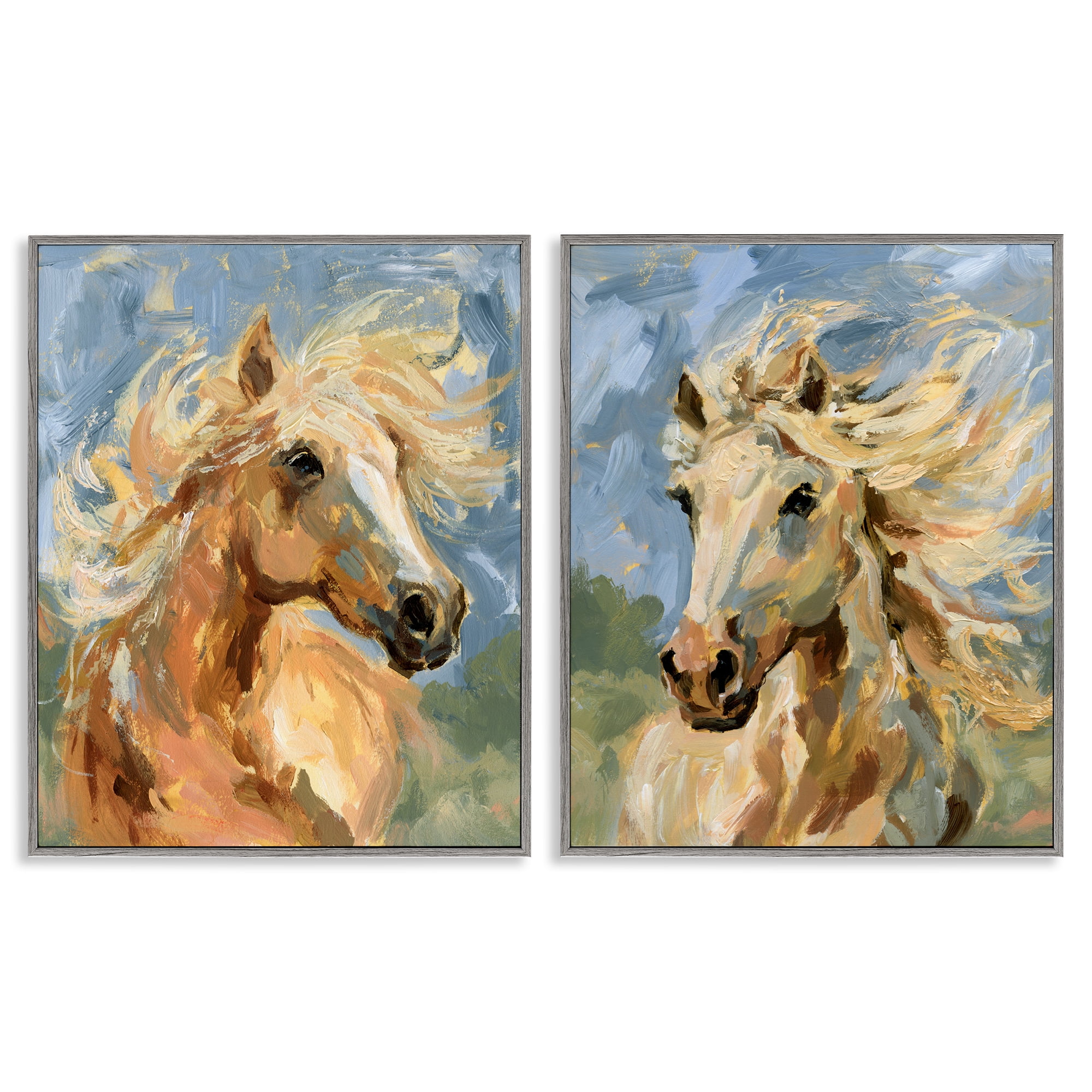 Stupell Industries Windblown Manes Horses Animals Painting Gray Framed Art Print Wall Art, 24 x 30, Set of 2