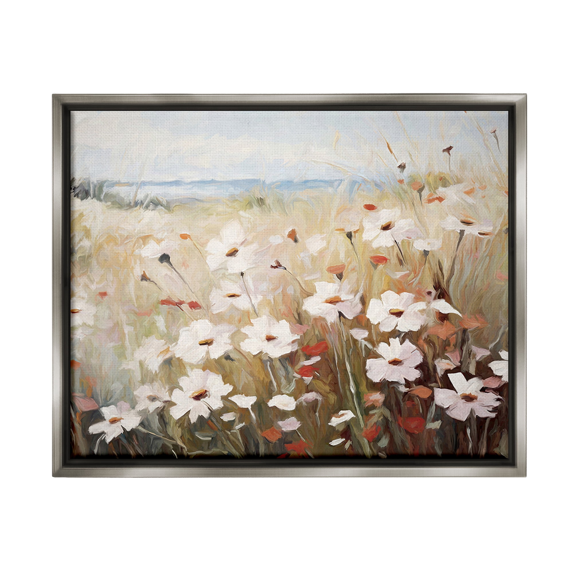 Stupell Industries Windblown Meadow Flowers Botanical & Floral Painting Gray Floater Framed Canvas Art Print Wall Art, 21 x 17