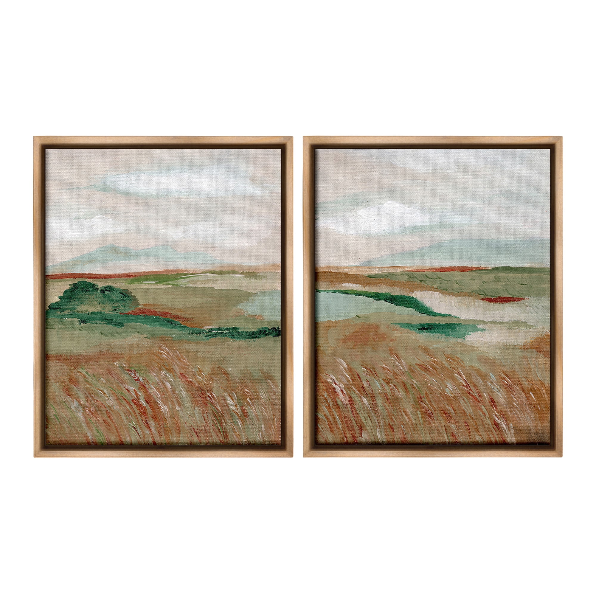 Stupell Industries Windblown Reeds Landscape Landscape Painting Brown Floater Framed Canvas Art Print Wall Art, 17 x 21, Set of 2