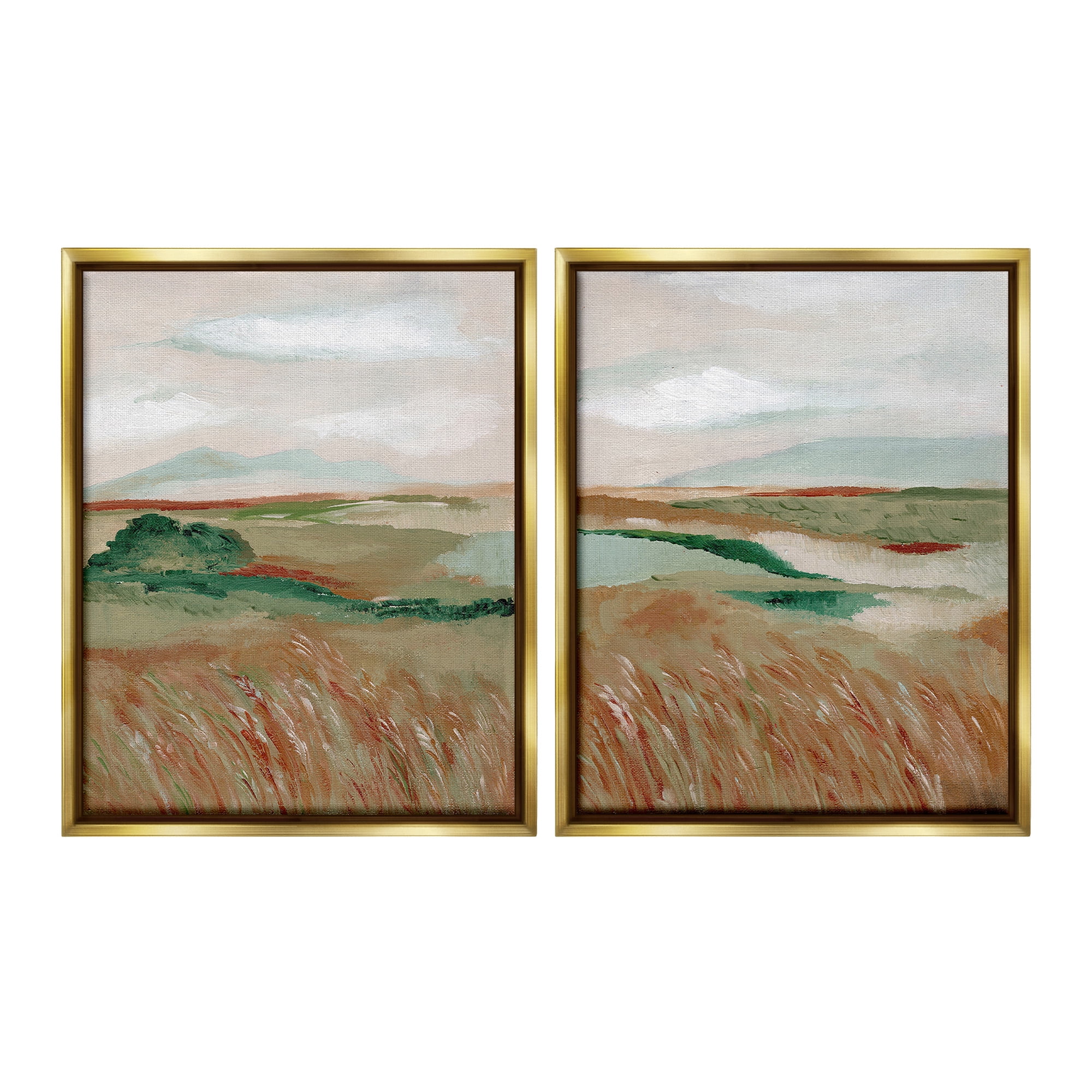 Stupell Industries Windblown Reeds Landscape Landscape Painting Gold Floater Framed Canvas Art Print Wall Art, 17 x 21, Set of 2