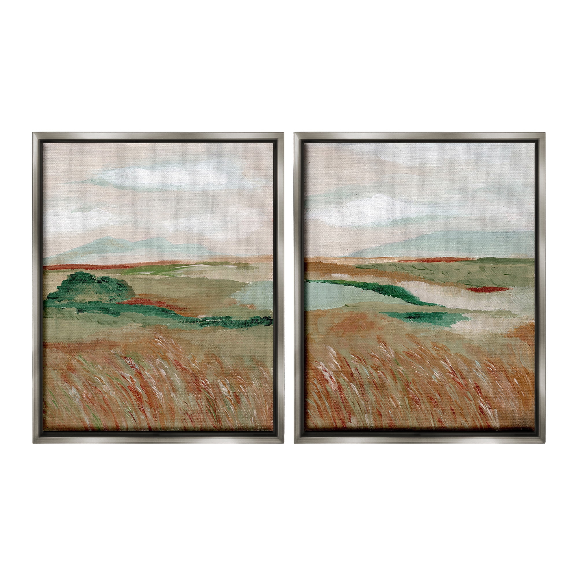 Stupell Industries Windblown Reeds Landscape Landscape Painting Gray Floater Framed Canvas Art Print Wall Art, 17 x 21, Set of 2