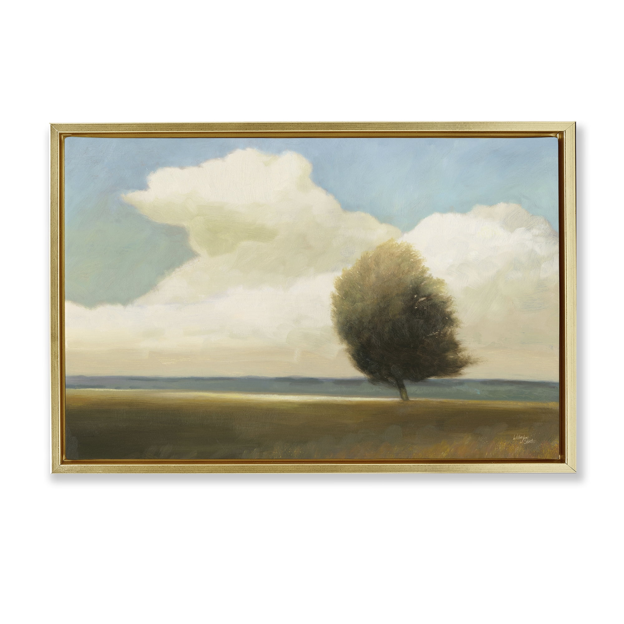 Stupell Industries Windblown Tree Landscape Landscape & Nature Painting Gold Floater Framed Canvas Art Print Wall Art, 25 x 17
