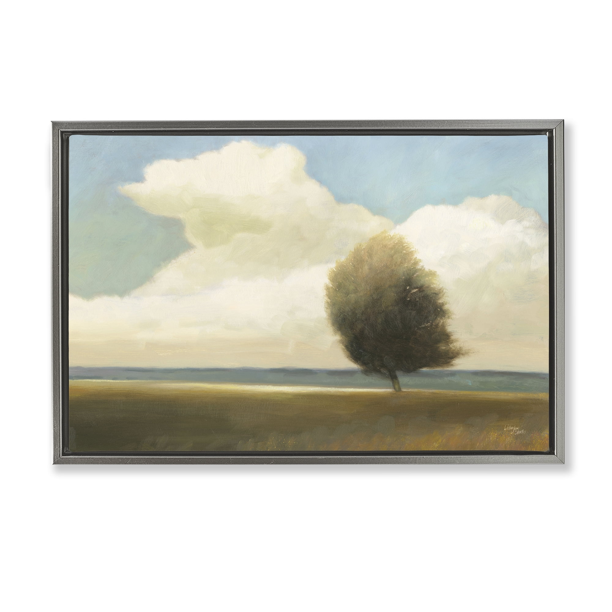 Stupell Industries Windblown Tree Landscape Landscape & Nature Painting Gray Floater Framed Canvas Art Print Wall Art, 25 x 17
