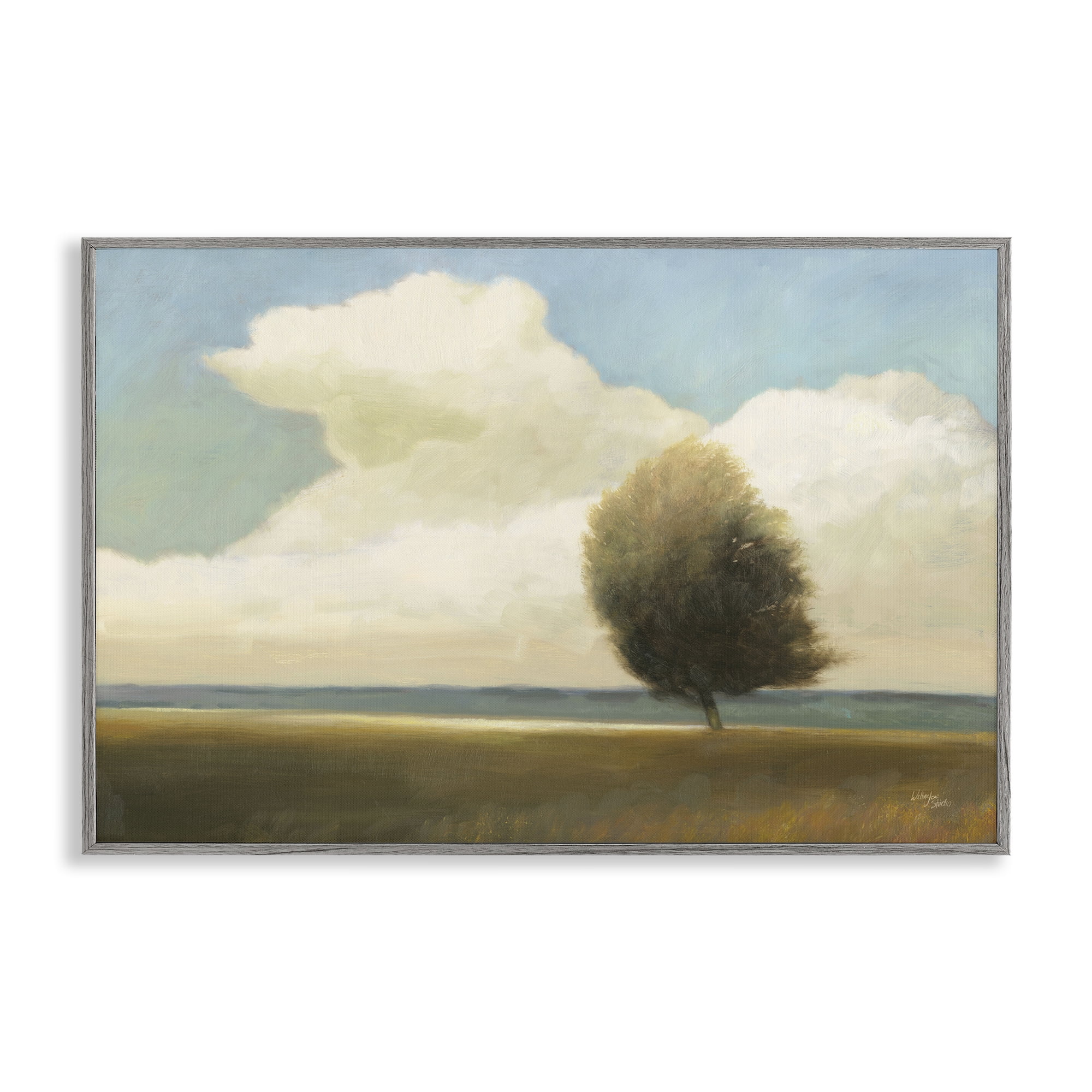 Stupell Industries Windblown Tree Landscape Landscape & Nature Painting Gray Framed Art Print Wall Art, 30 x 20
