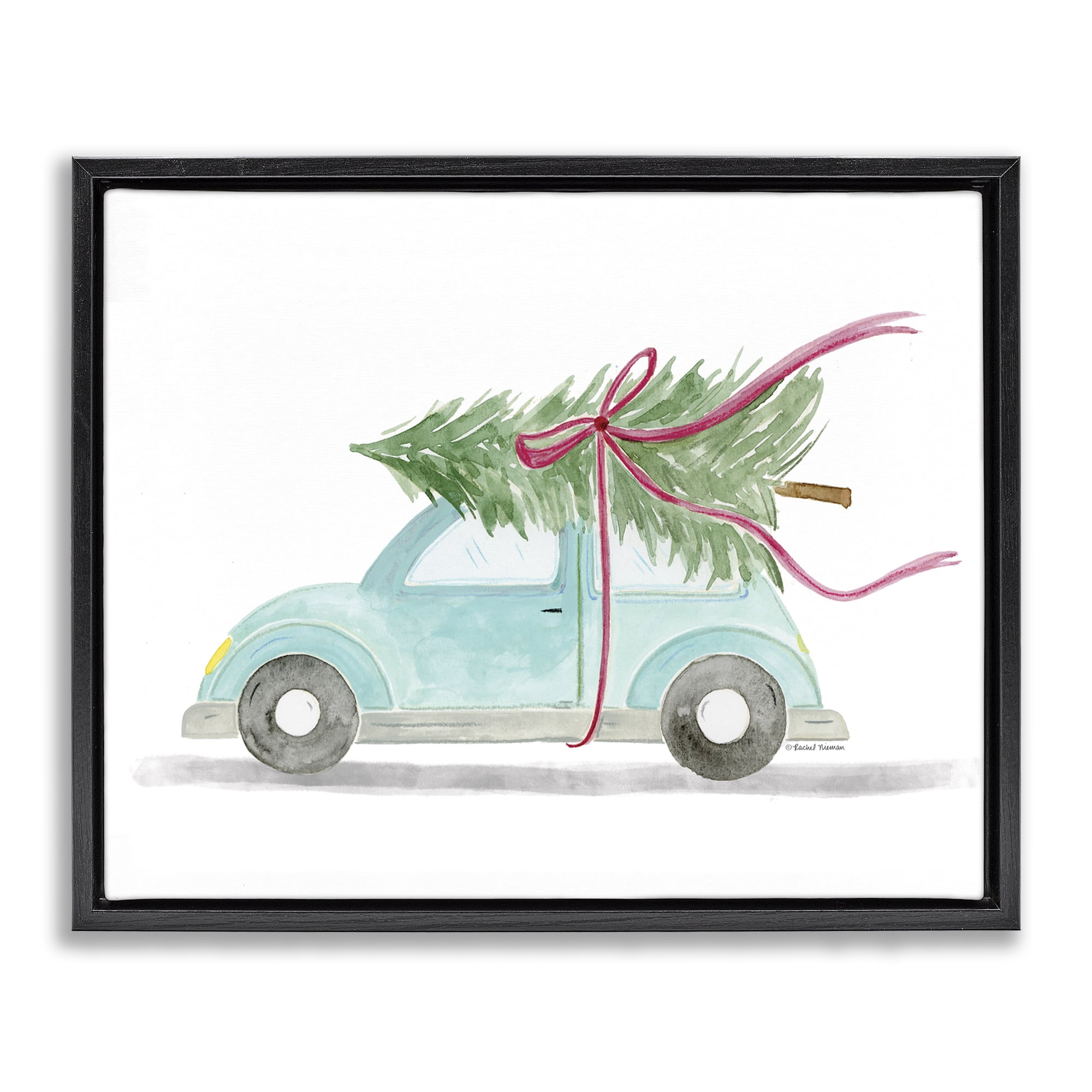 Stupell Industries Windblown Tree on Car Holiday Painting Black Floater Framed Canvas Art Prints Wall Art, 31 x 25