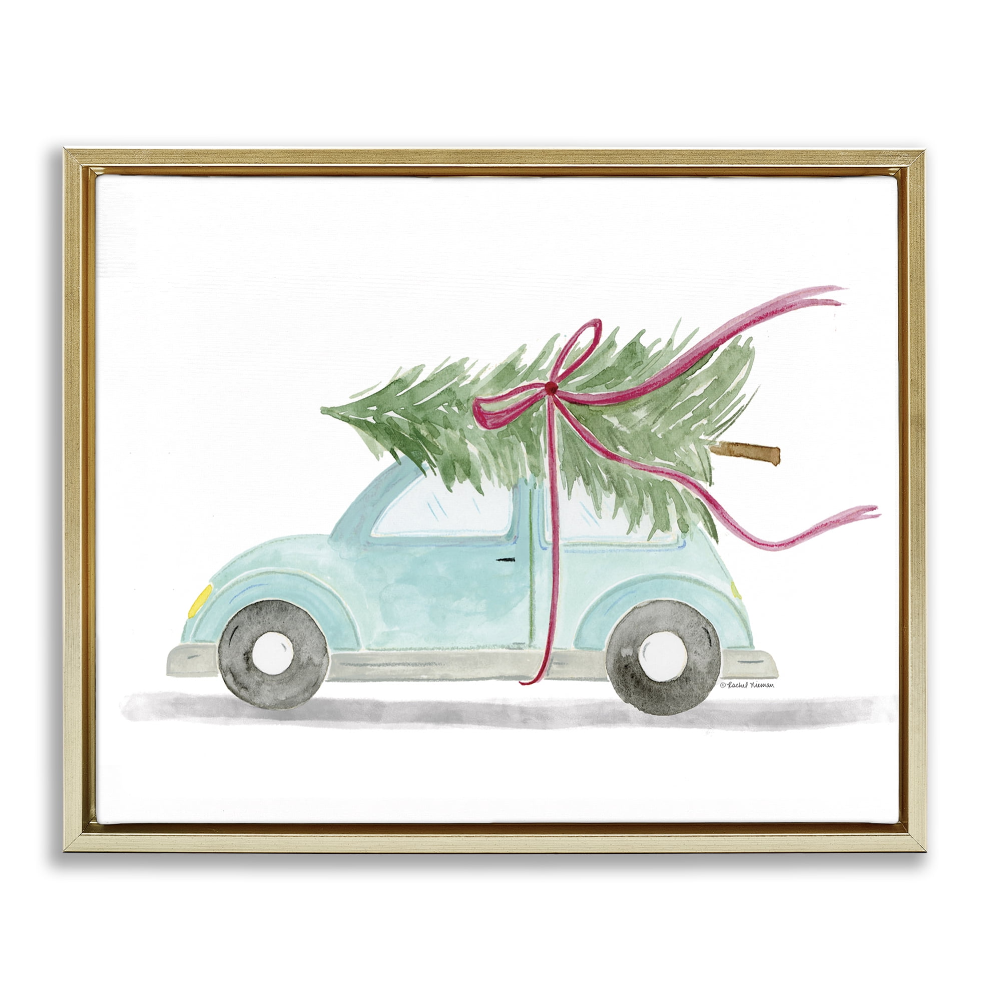 Stupell Industries Windblown Tree on Car Holiday Painting Gold Floater Framed Canvas Art Prints Wall Art, 31 x 25