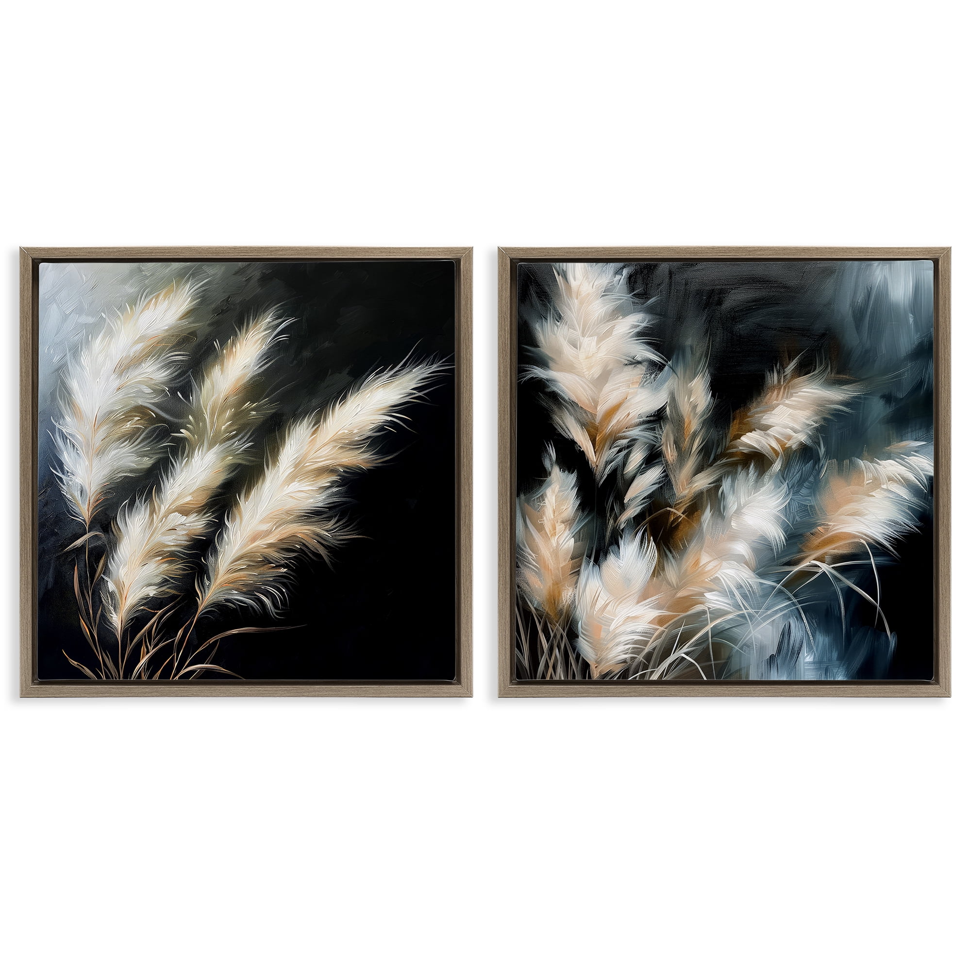 Stupell Industries Windblown Wheat Sprigs Plants & Flowers Painting Brown Floater Framed Canvas Art Print Wall Art, 18 x 18, Set of 2