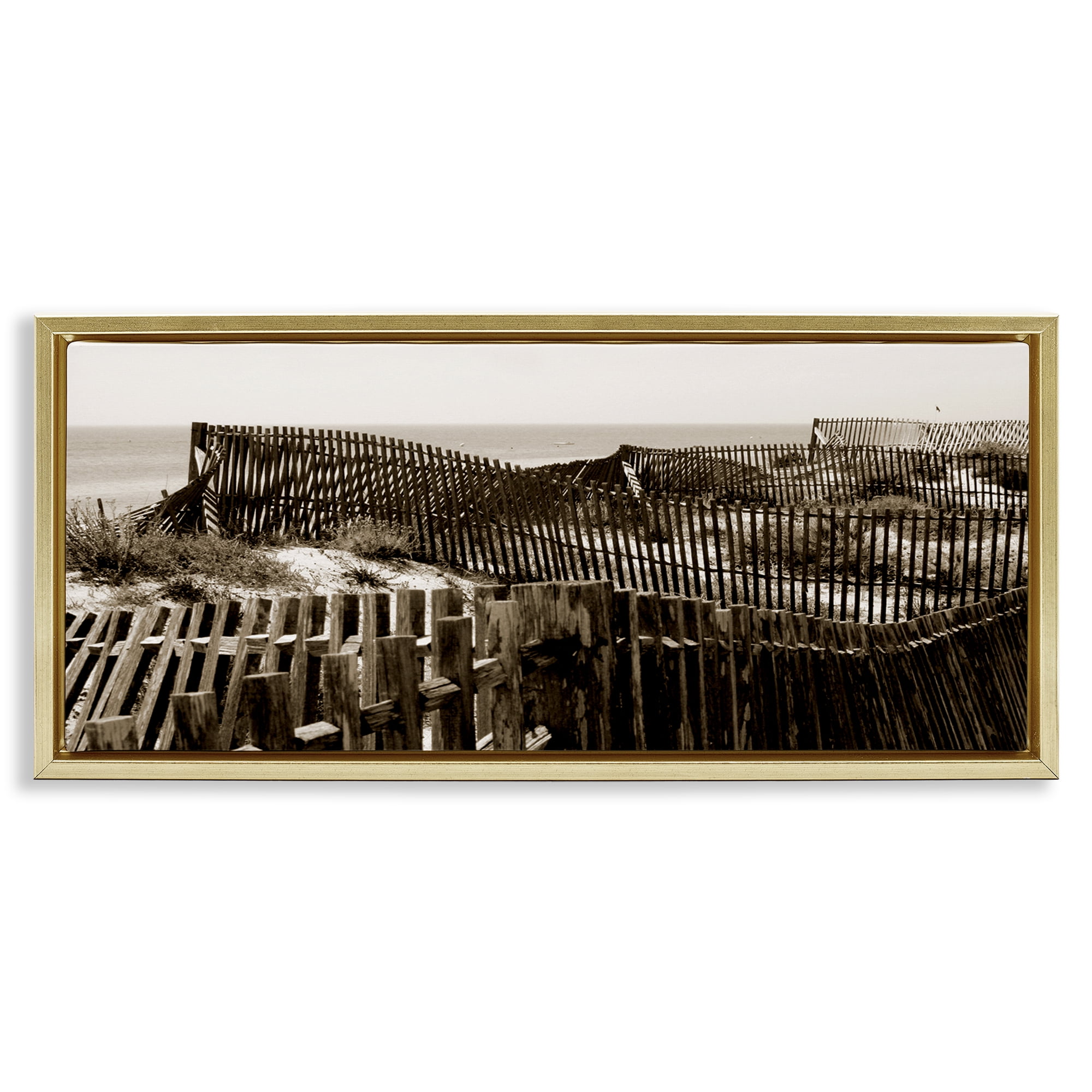 Stupell Industries Winding Beach Fence Landscape & Nature Photography Gold Floater Framed Canvas Art Print Wall Art, 25 x 11