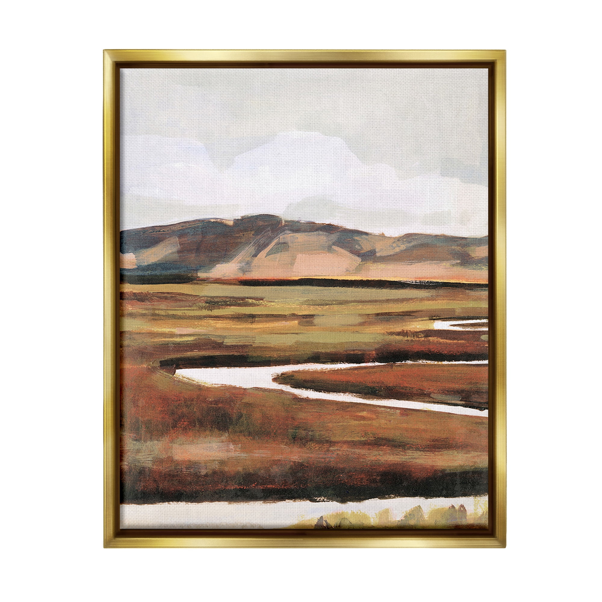 Stupell Industries Winding River Landscape Landscape Painting Gold Floater Framed Canvas Art Print Wall Art, 17 x 21