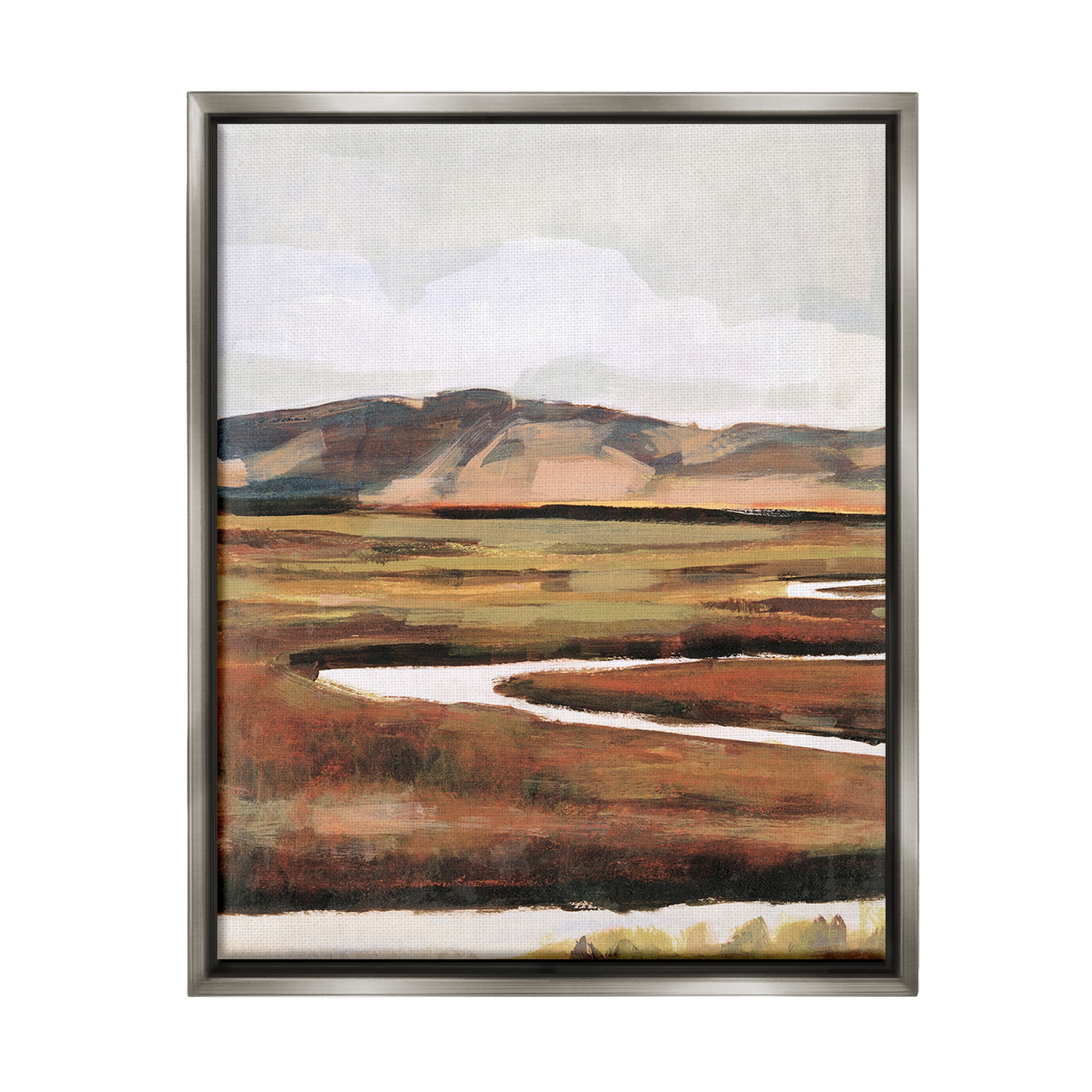 Stupell Industries Winding River Landscape Landscape Painting Gray Floater Framed Canvas Art Print Wall Art, 25 x 31
