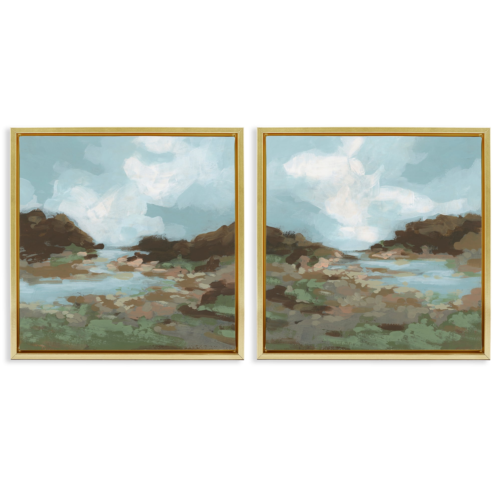 Stupell Industries Winding River Landscape Scene Landscape & Nature Painting Gold Floater Framed Canvas Art Print Wall Art, 25 x 25, Set of 2