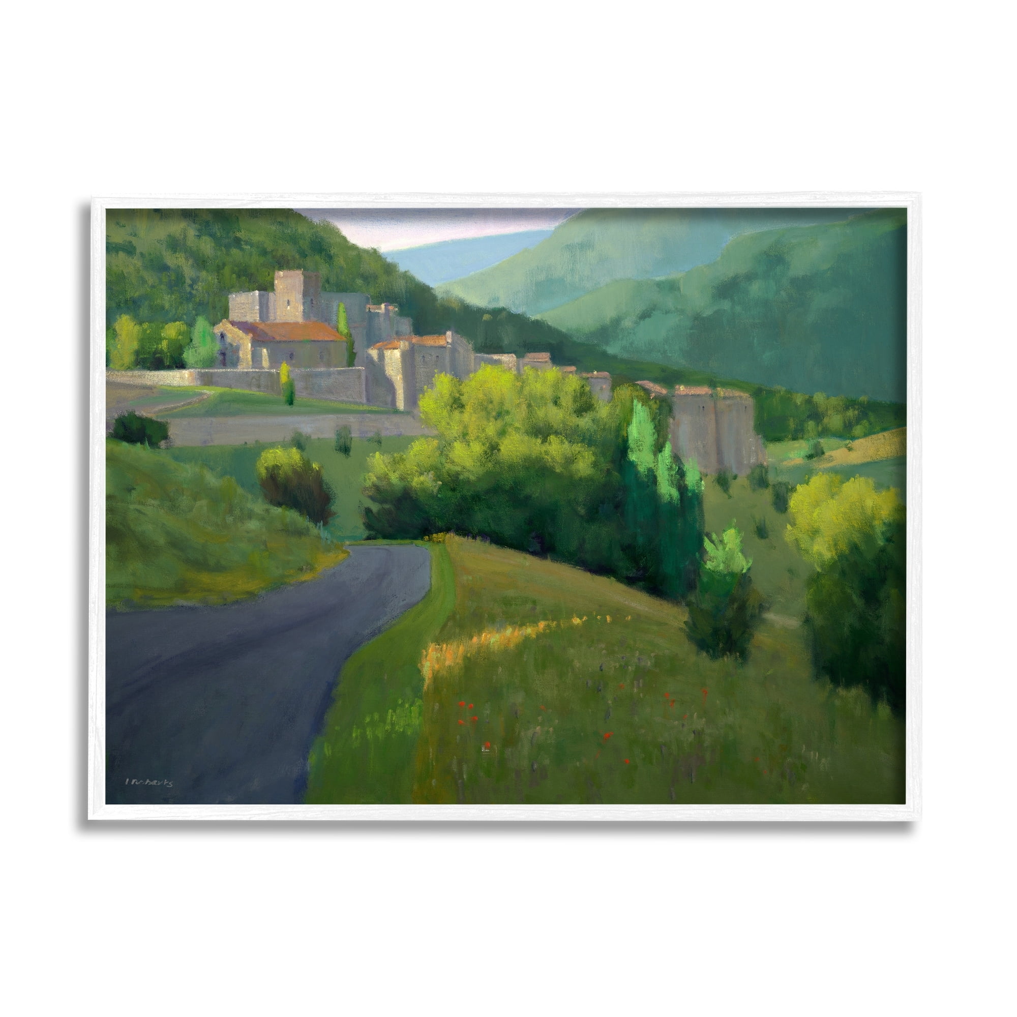 Stupell Industries Winding Road Path Distant Rural Farm Town Graphic Art White Framed Art Print Wall Art, Design by Ian Roberts