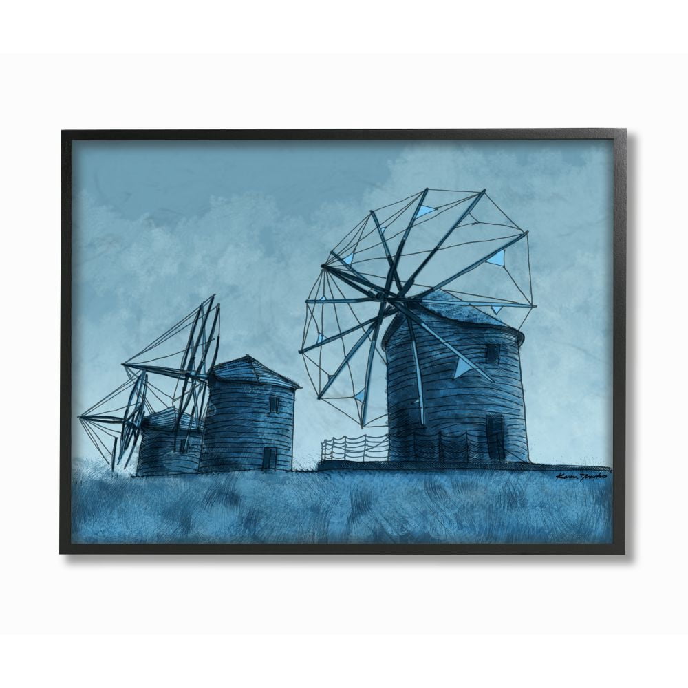 Stupell Industries Windmill Farm Blue Farm Landscape Painting Drawings Black Framed Art Print Wall Art, 11x14, by Karen Dreyfus