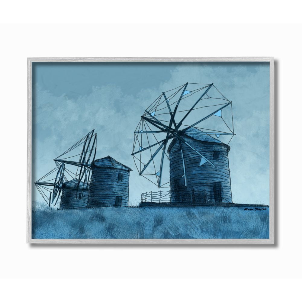 Stupell Industries Windmill Farm Blue Farm Landscape Painting Drawings Gray Framed Art Print Wall Art, 16x20, by Karen Dreyfus