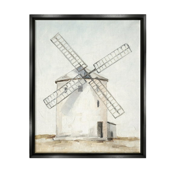 Stupell Industries Windmill Farm Landscape Neutral Blue Brown Painting Jet Black Framed Floating Canvas Wall Art, 16x20, by Ethan Harper