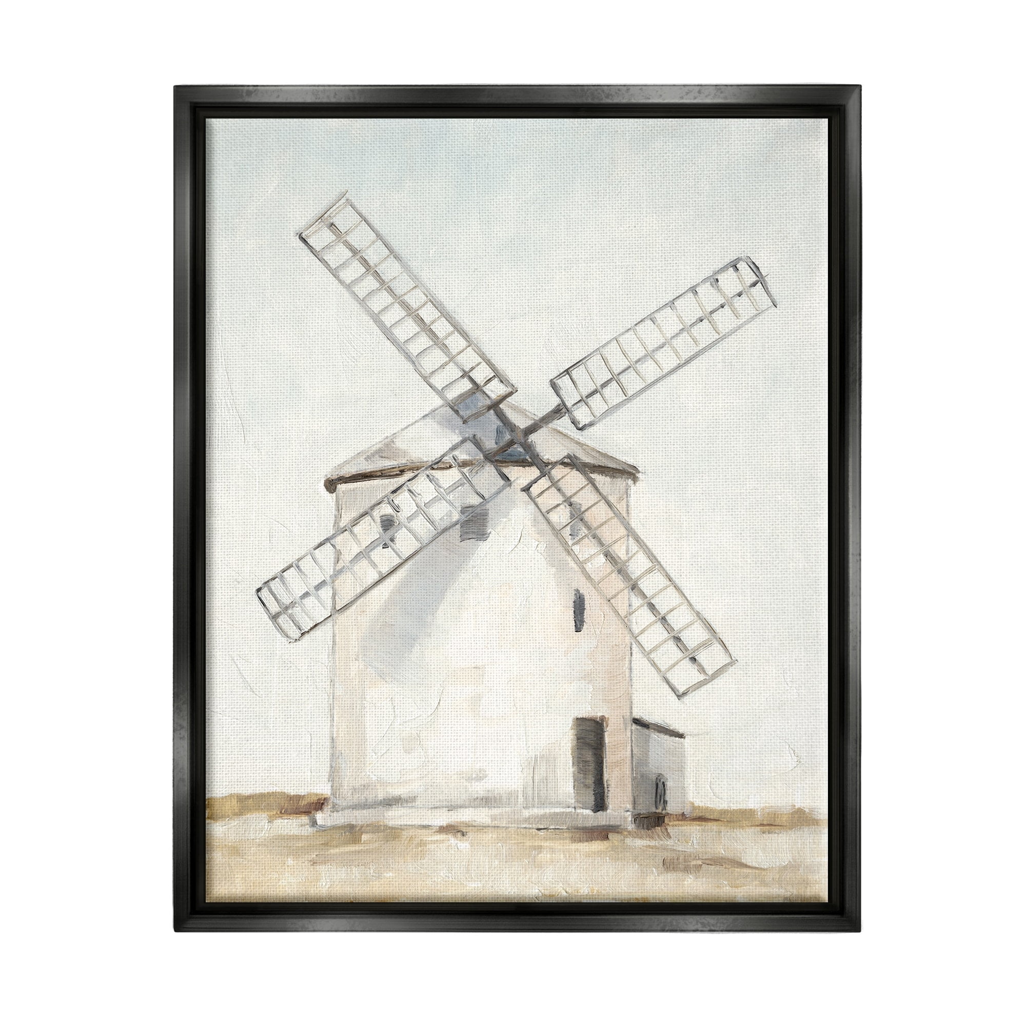 Stupell Industries Windmill Farm Landscape Neutral Blue Brown Painting Jet Black Framed Floating Canvas Wall Art, 24x30, by Ethan Harper
